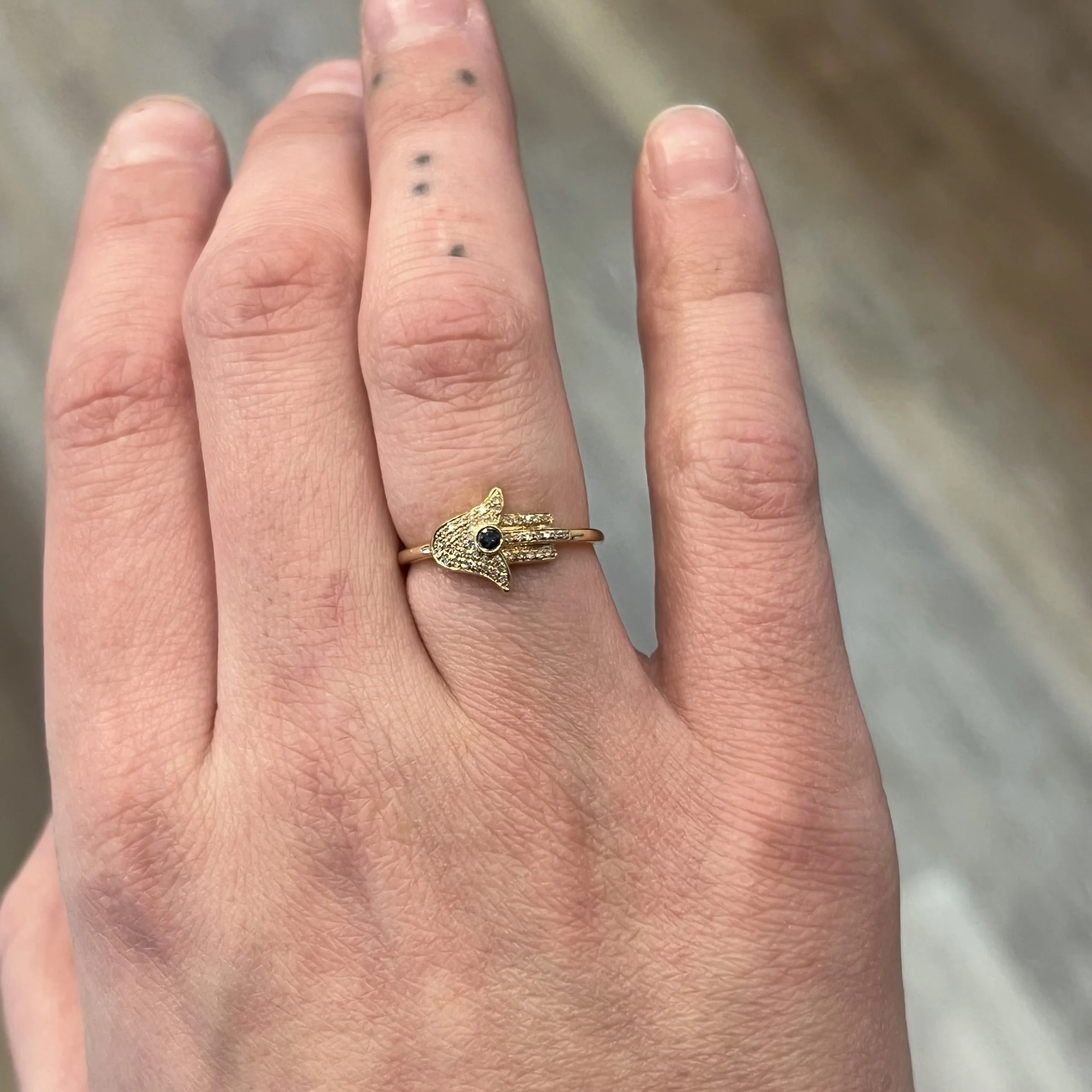Pave Diamond & Sapphire Hamsa Hand Ring in 14k Yellow Gold - Image 6