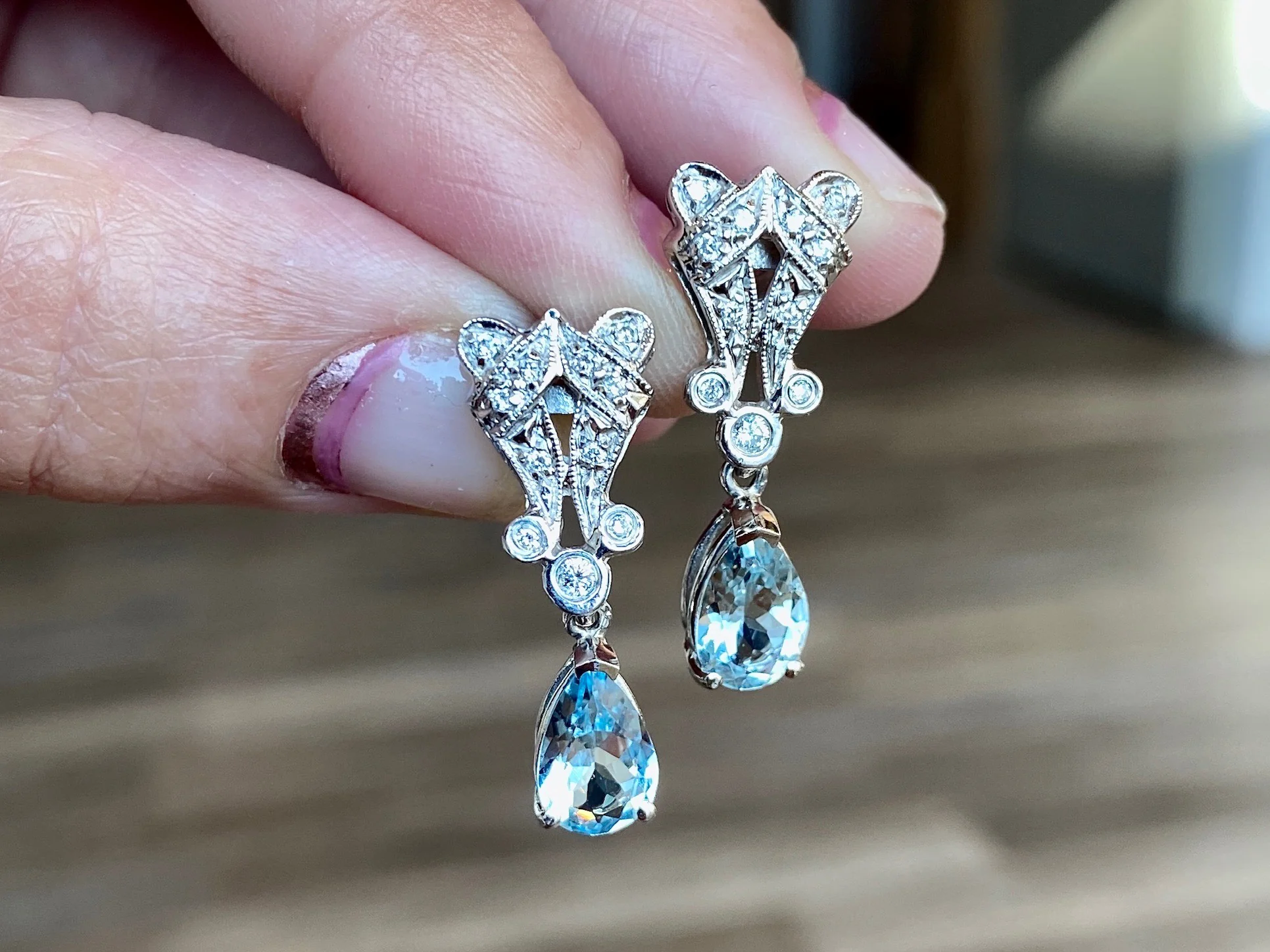 Pear Cut Aquamarine Earrings w/ Diamonds in 18k White Gold - Image 4