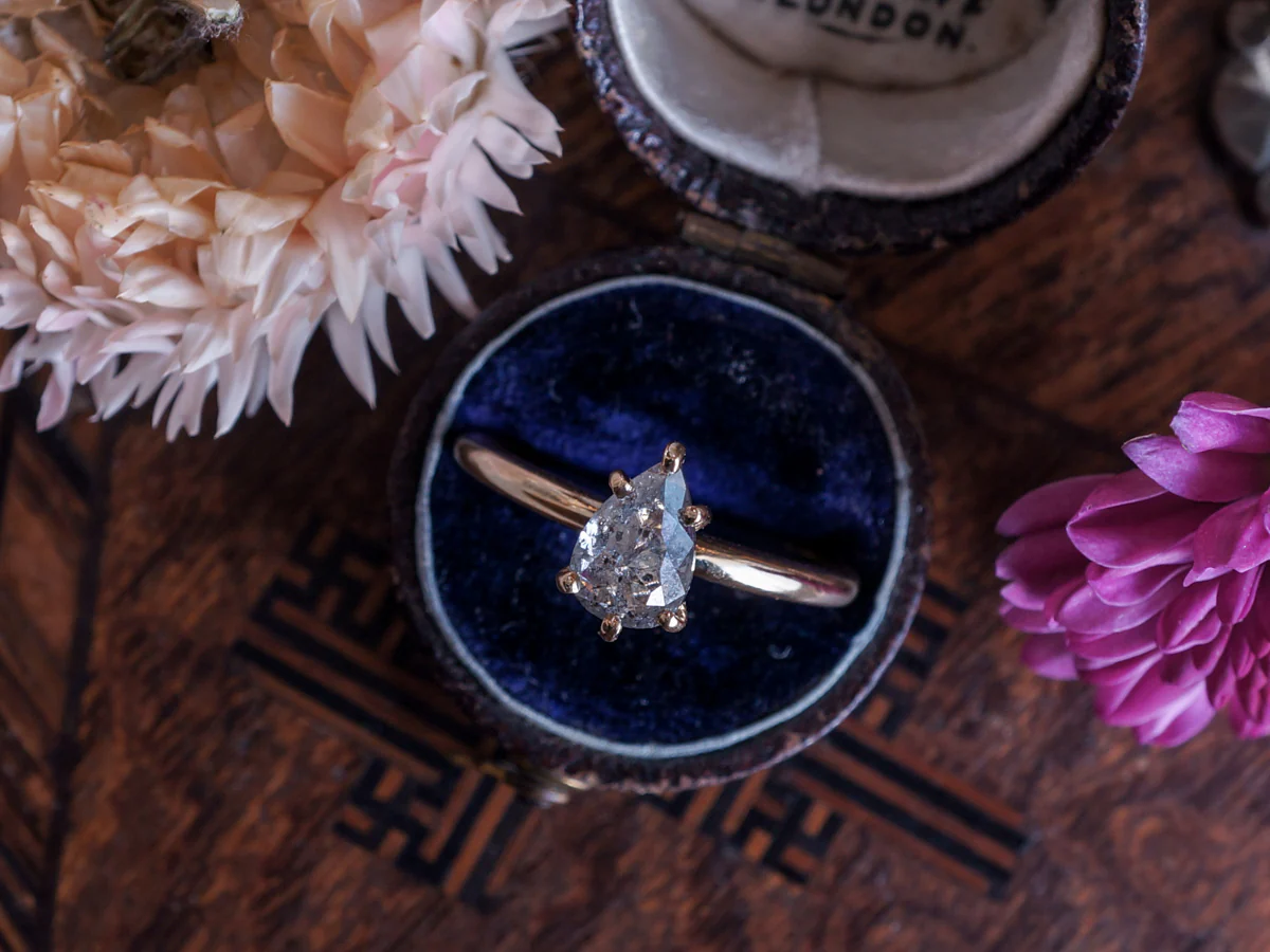 Pear Cut Grey Diamond Solitaire Engagement Ring in Yellow Gold - Image 6