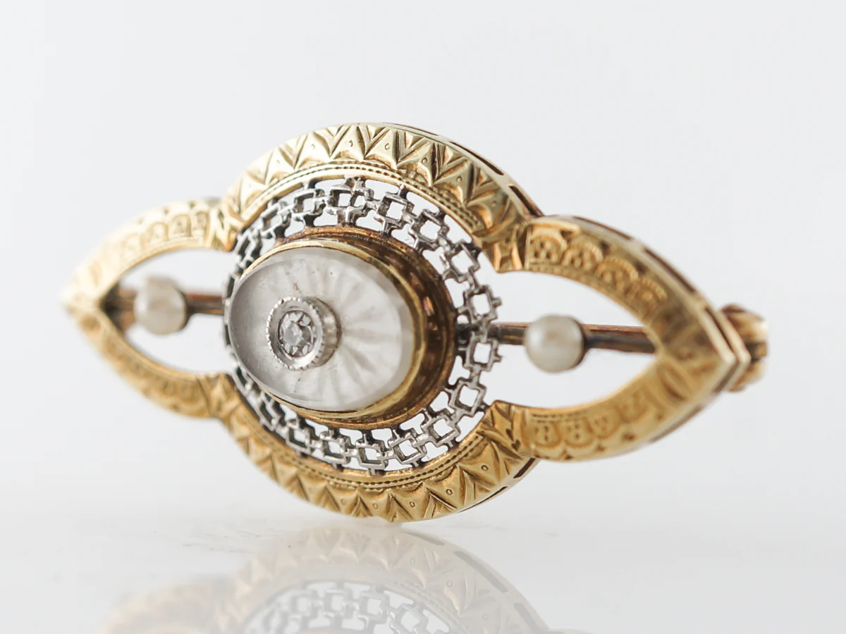 Pearl & Diamond Art Deco Brooch in White & Yellow Gold - Image 2