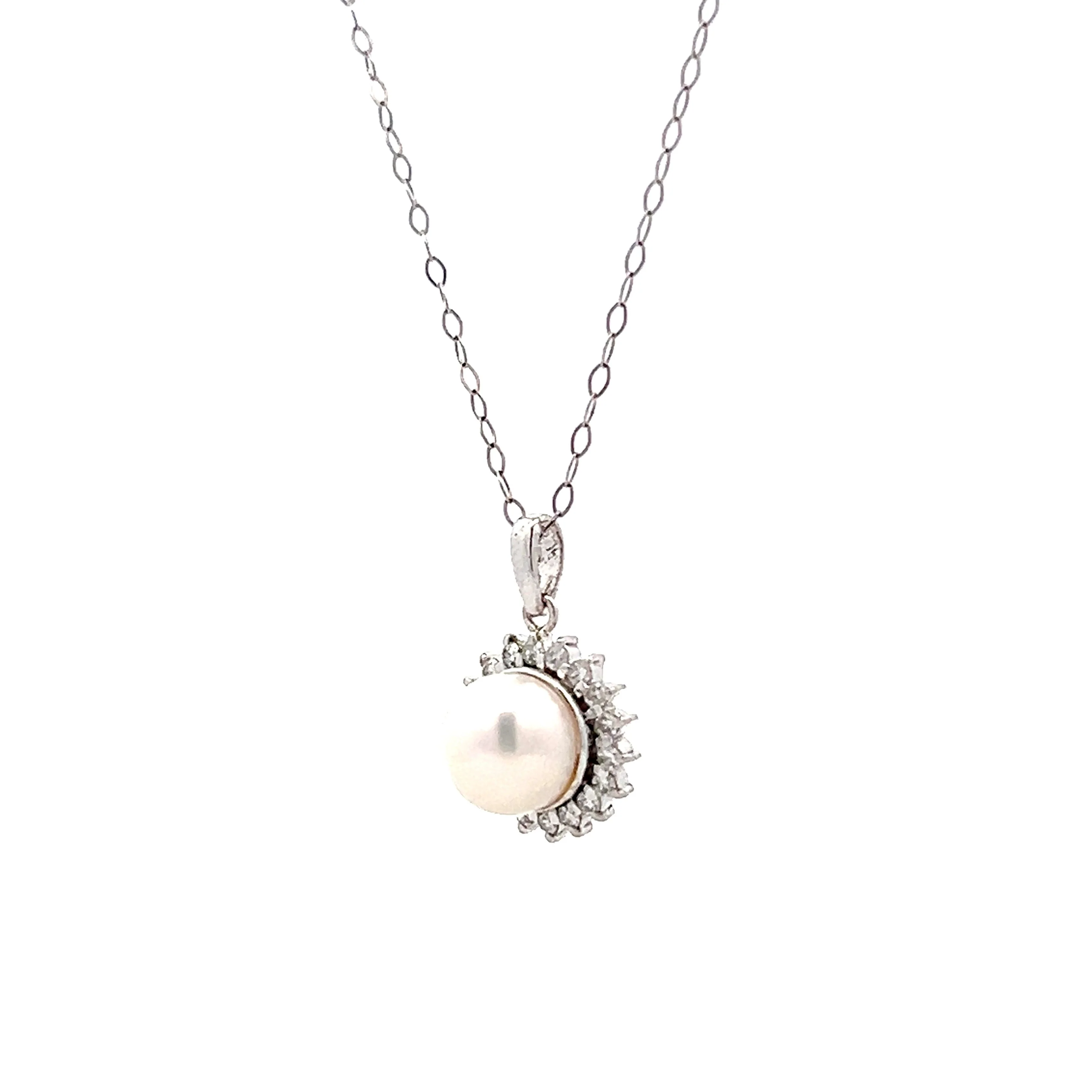 Pearl & Diamond Halo Pendant in 14k White Gold - Image 2