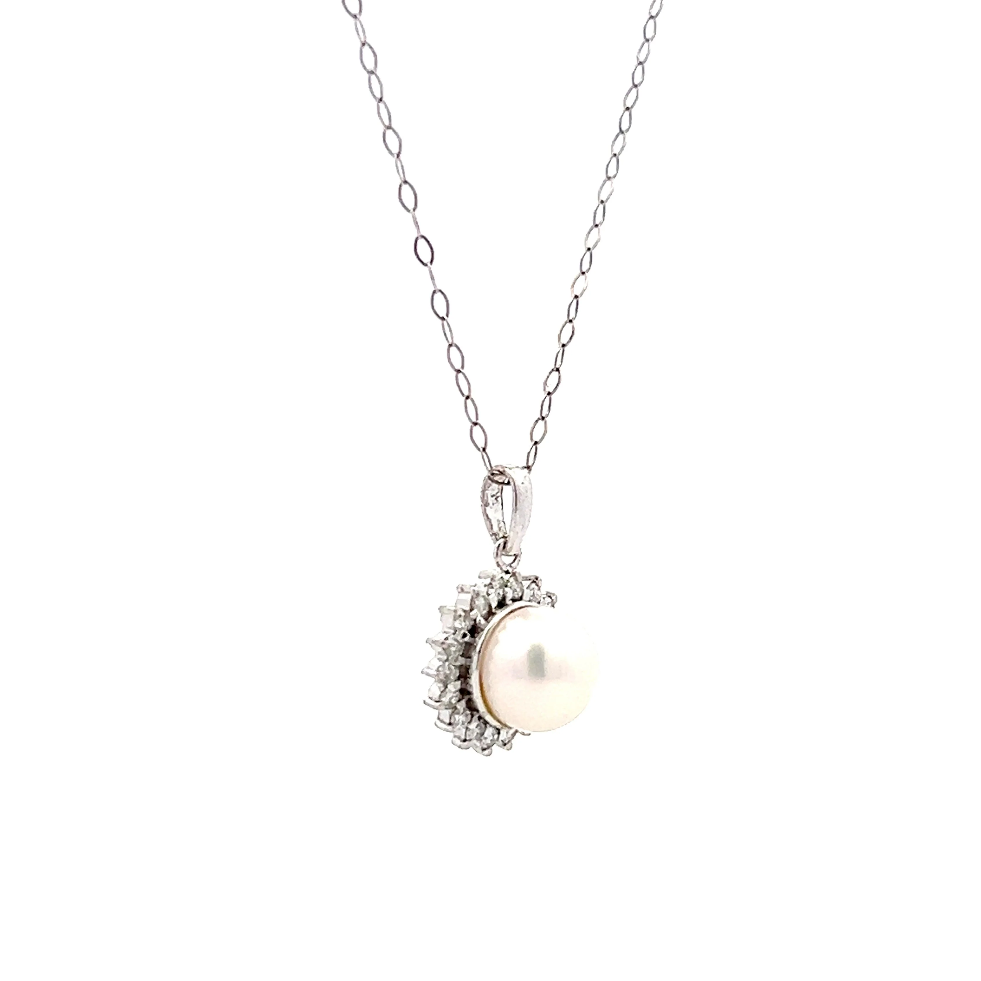 Pearl & Diamond Halo Pendant in 14k White Gold - Image 3