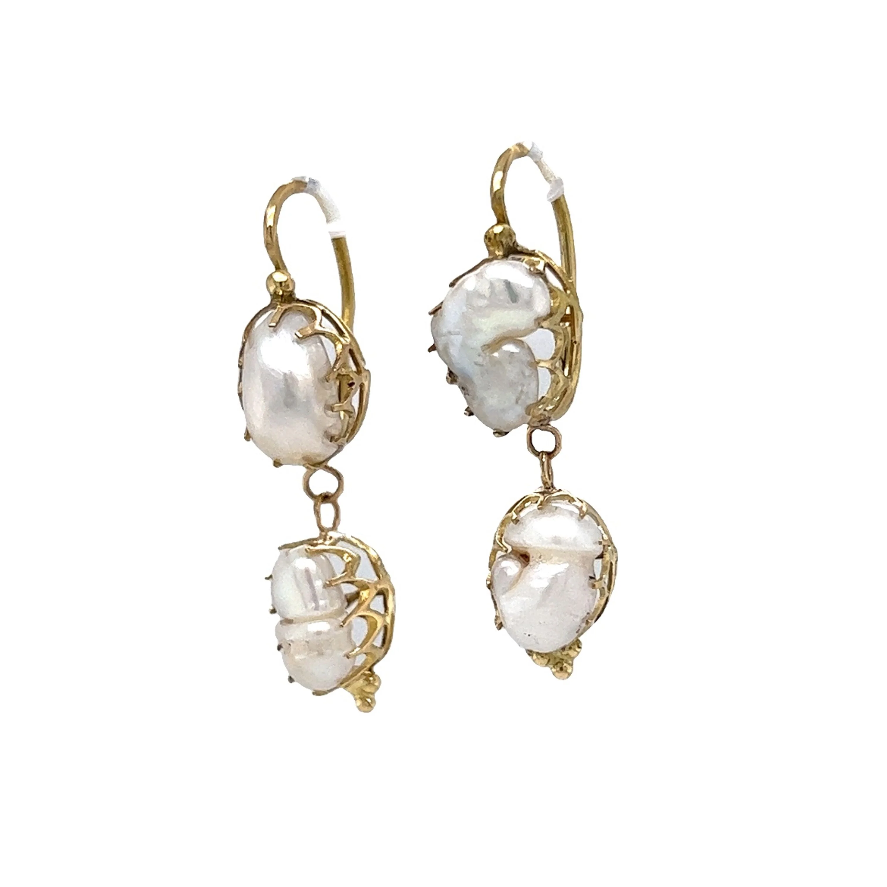 Baroque Pearl Drop Earrings in 14k Yellow Gold - Image 2