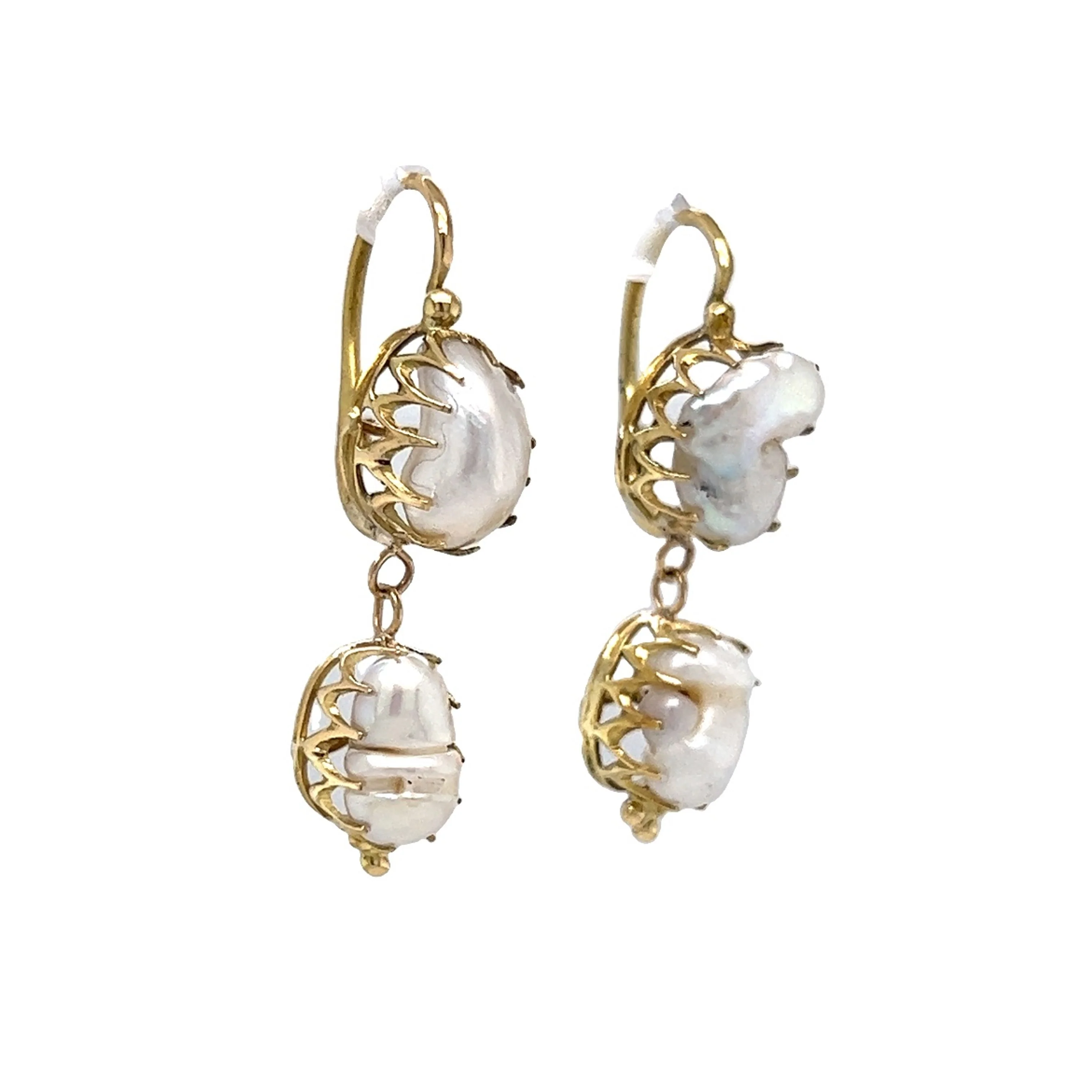 Baroque Pearl Drop Earrings in 14k Yellow Gold - Image 3