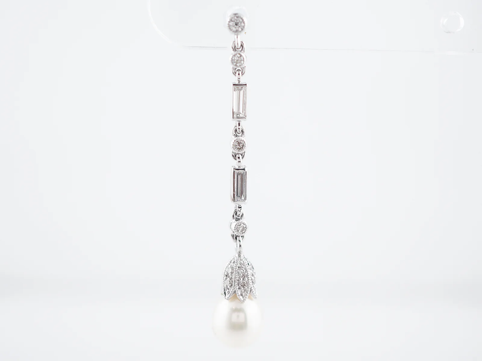 Pearl Earrings Modern .70 Round Brilliant & Baguette Cut Diamond in Platinum - Image 5