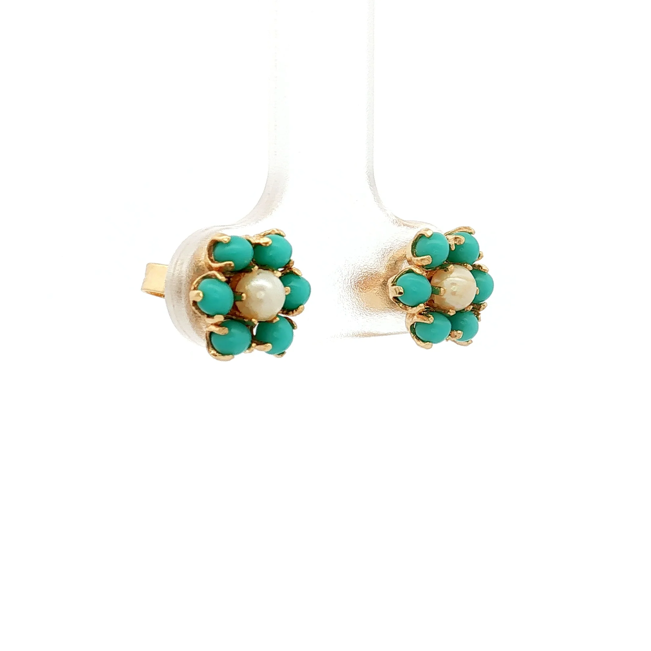 Pearl & Turquoise Floral Stud Earrings in 14k - Image 3