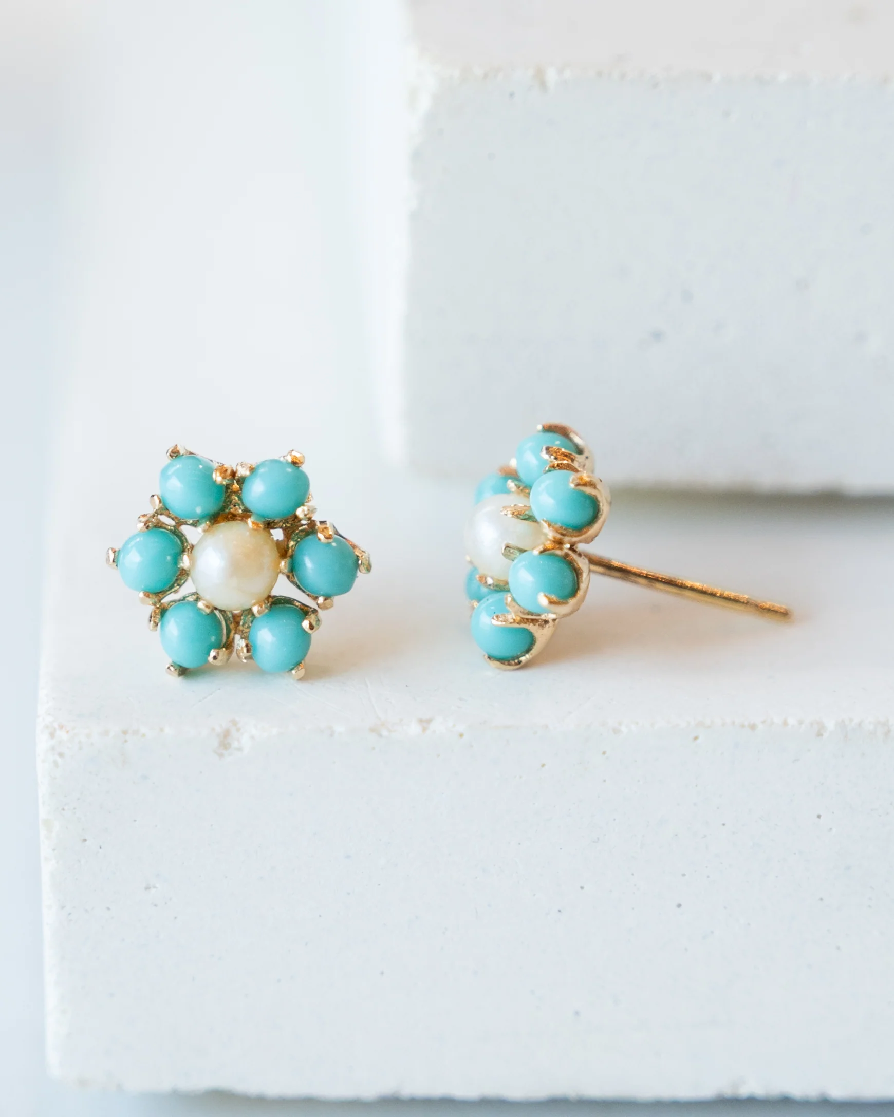 Pearl & Turquoise Floral Stud Earrings in 14k - Image 4