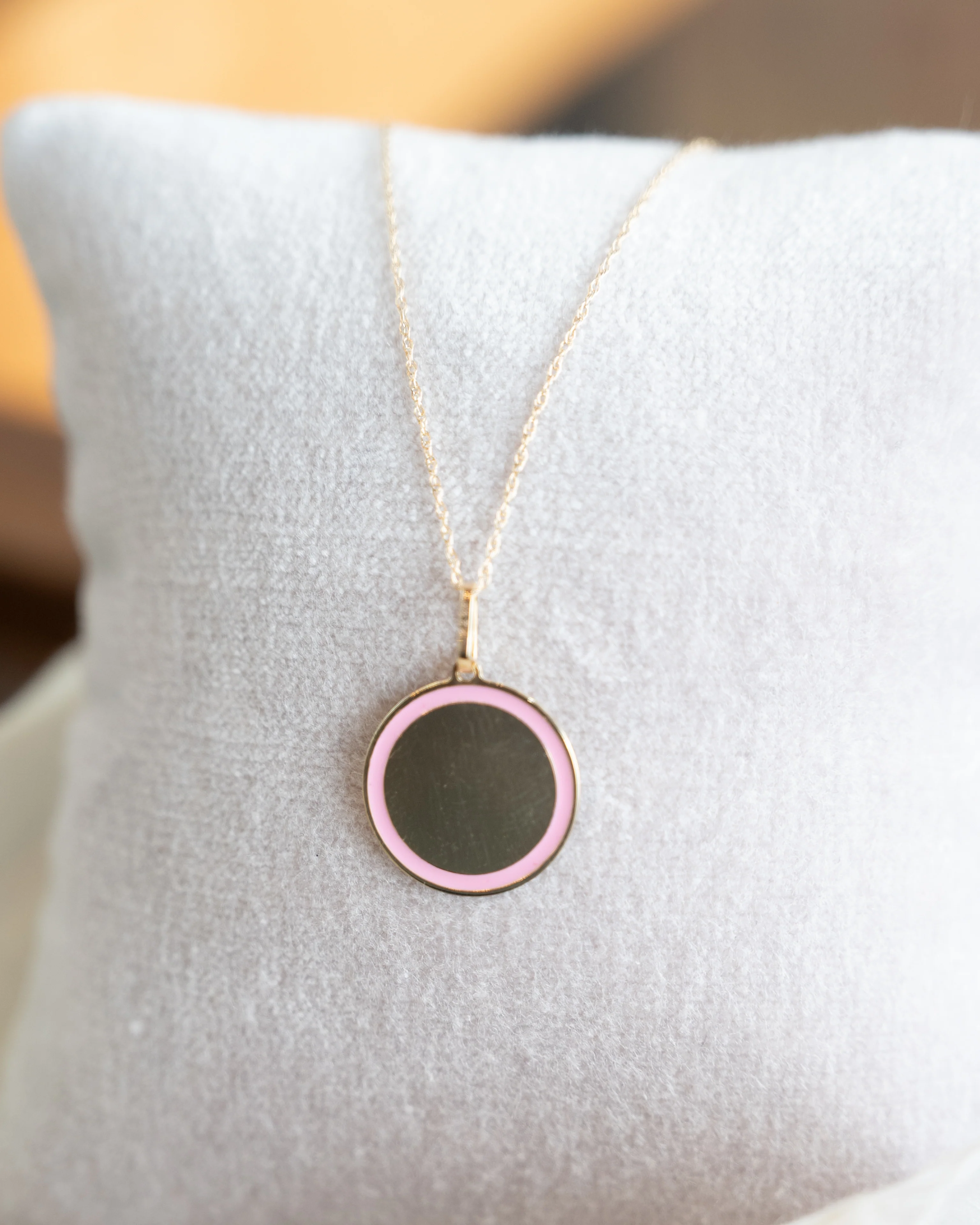 Pink Enamel Disc Pendant Necklace in 14k Yellow Gold - Image 5