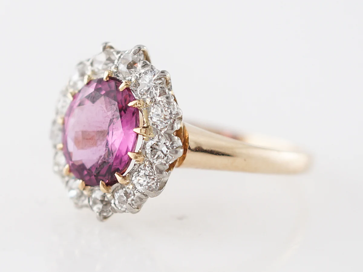 Vintage Edwardian Pink Sapphire & Diamond Cluster Engagement Ring - Image 2