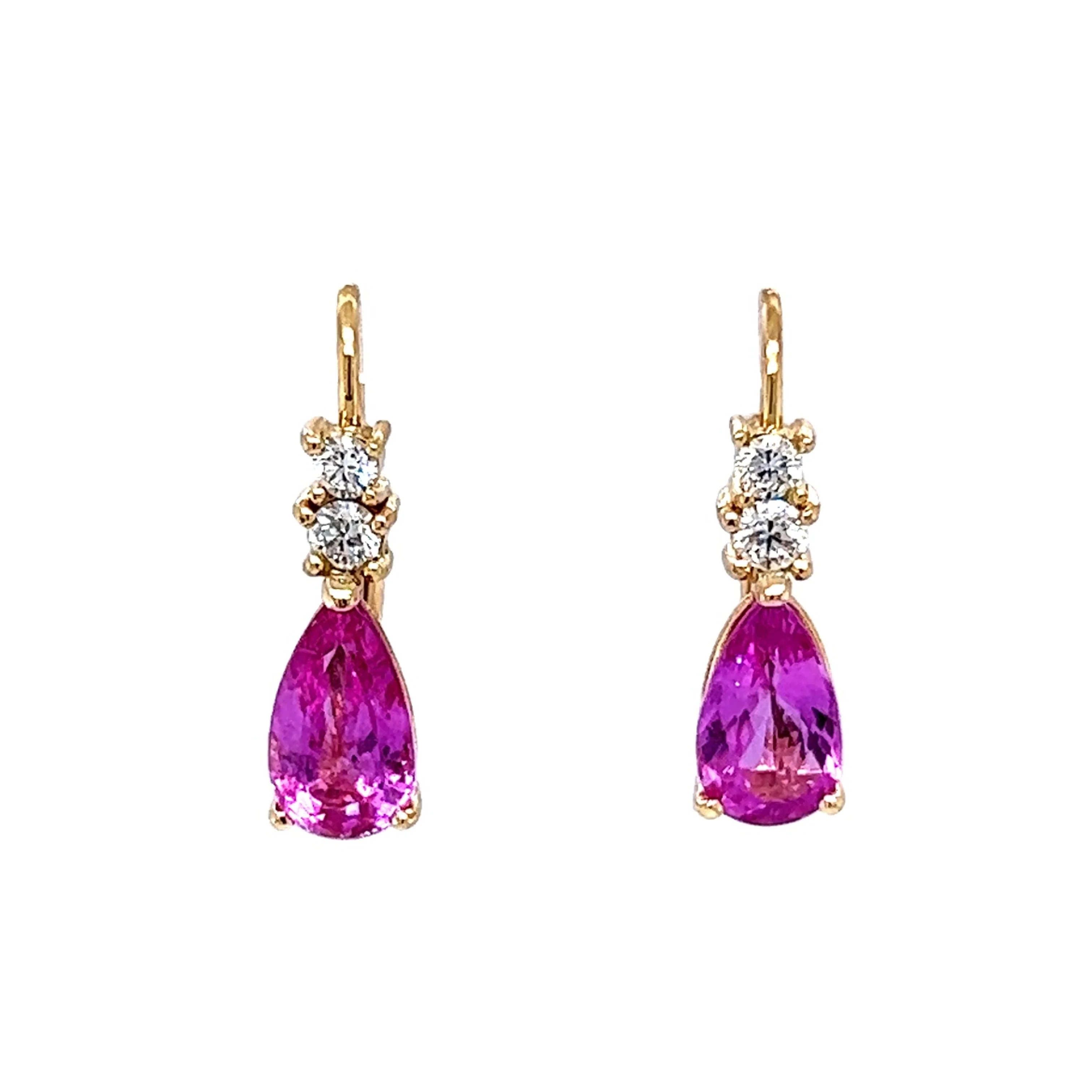 Pink Sapphire & Diamond Drop Earrings in 14k Yellow Gold