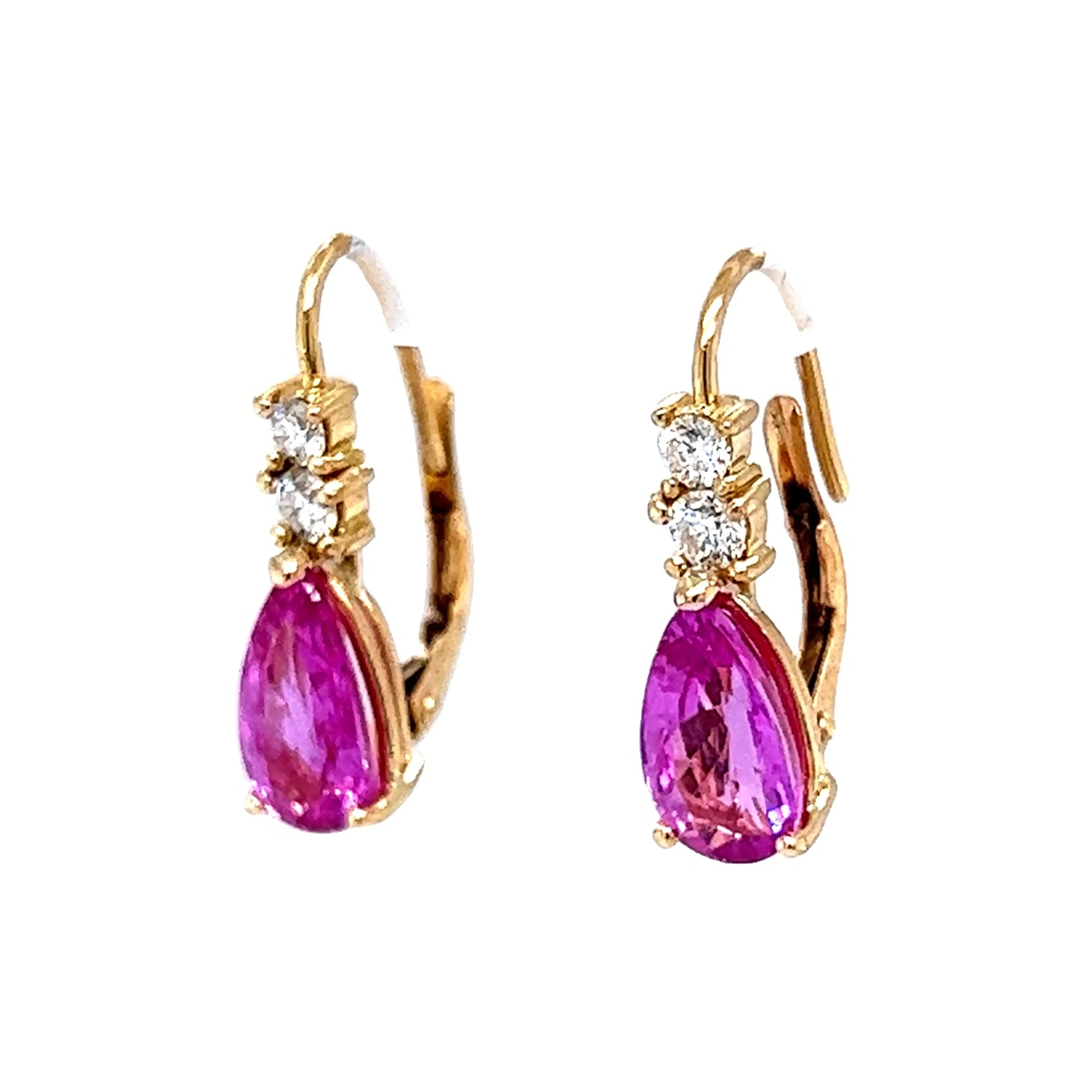 Pink Sapphire & Diamond Drop Earrings in 14k Yellow Gold - Image 2