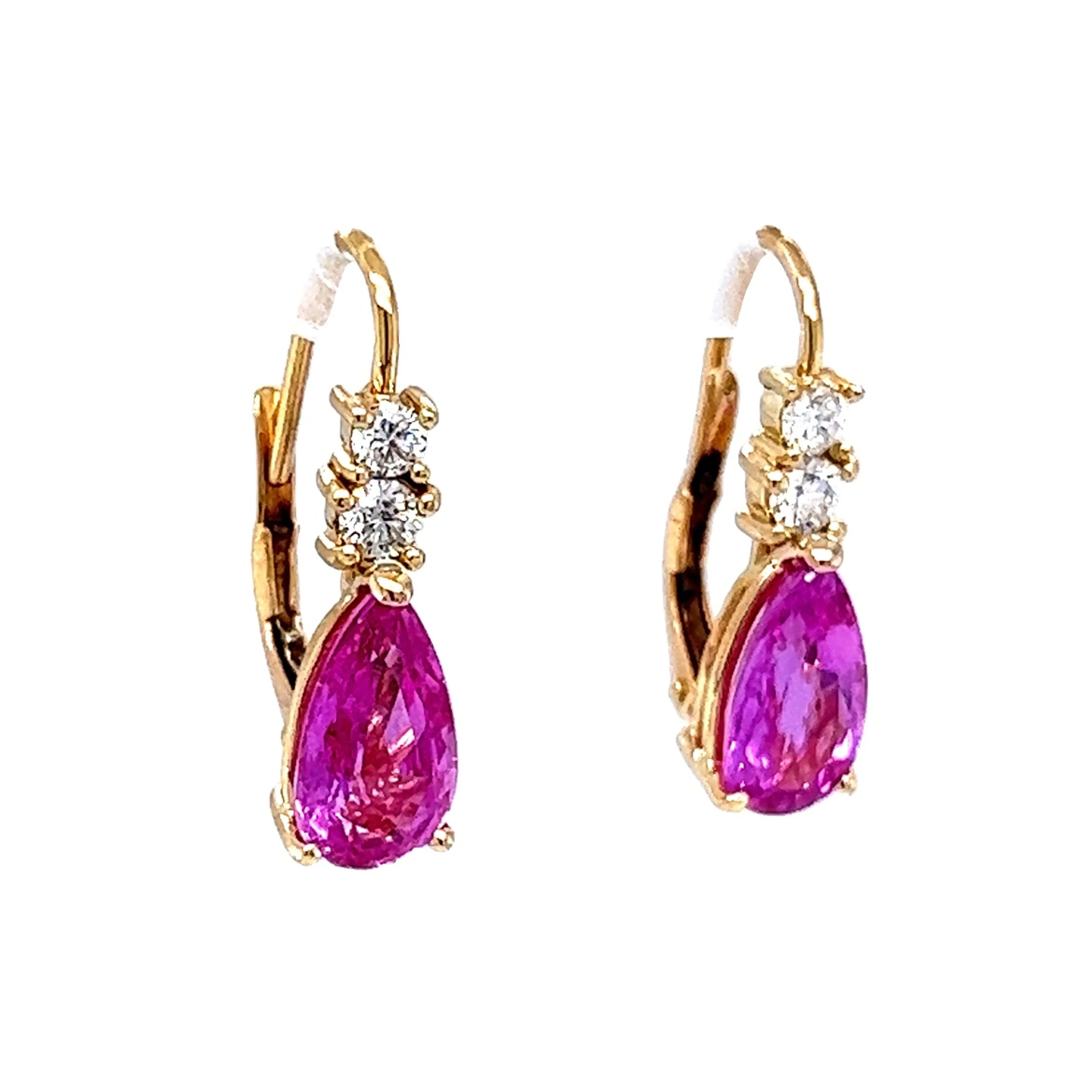 Pink Sapphire & Diamond Drop Earrings in 14k Yellow Gold - Image 3