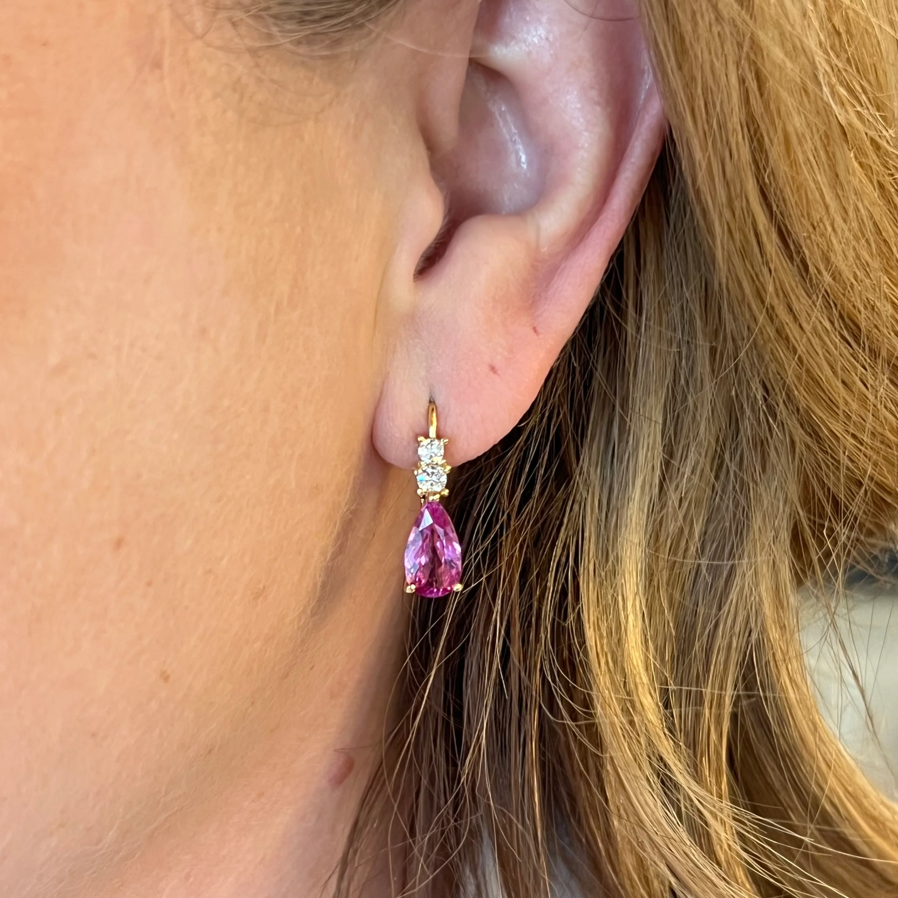 Pink Sapphire & Diamond Drop Earrings in 14k Yellow Gold - Image 4