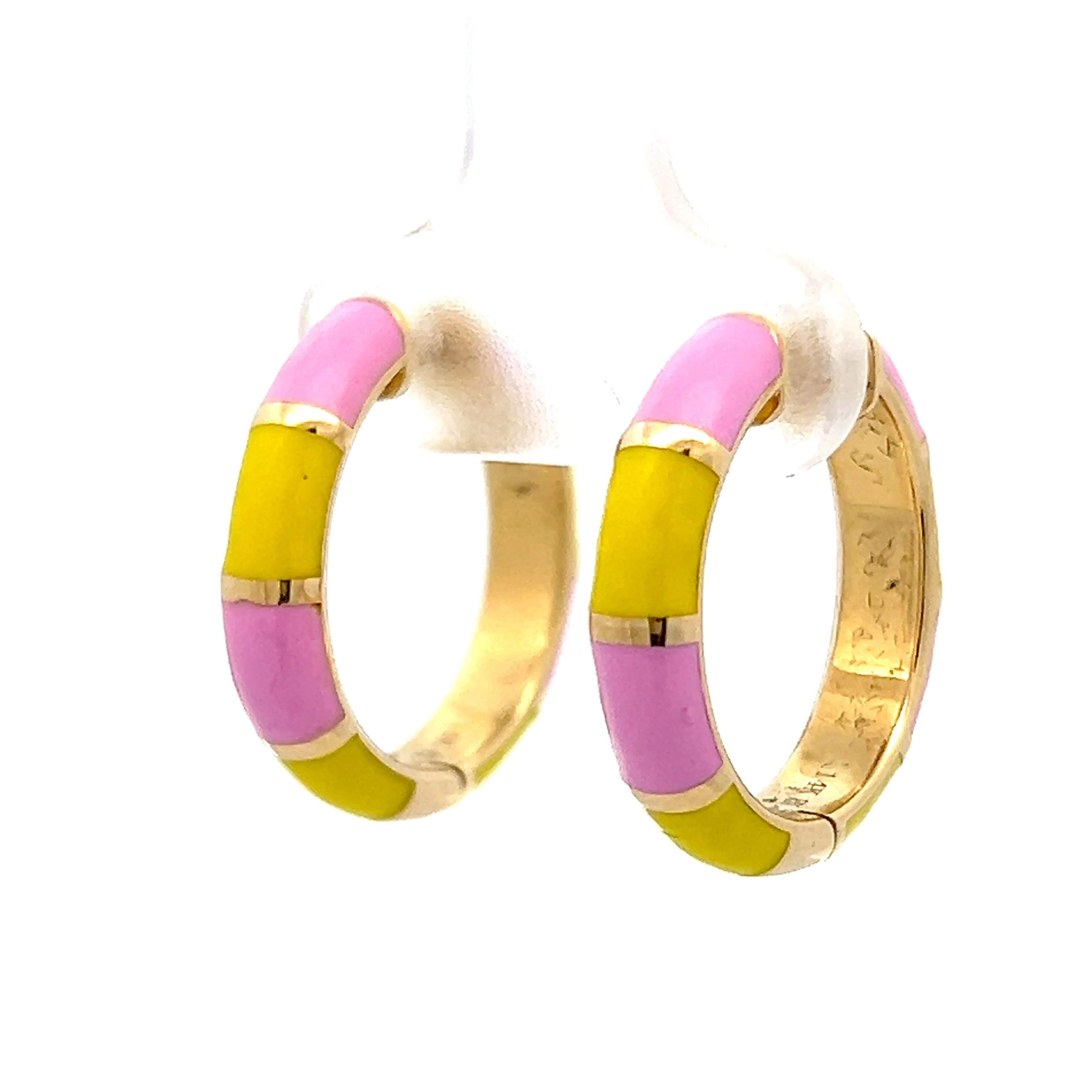 Pink & Yellow Enamel Hoop Earrings in 14k - Image 2