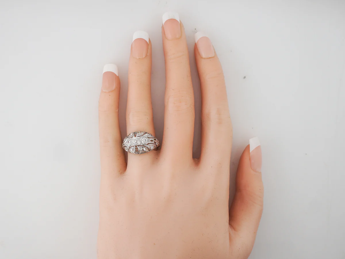 Platinum Filigree Cocktail Ring w/ Old Cut Diamonds - Image 6