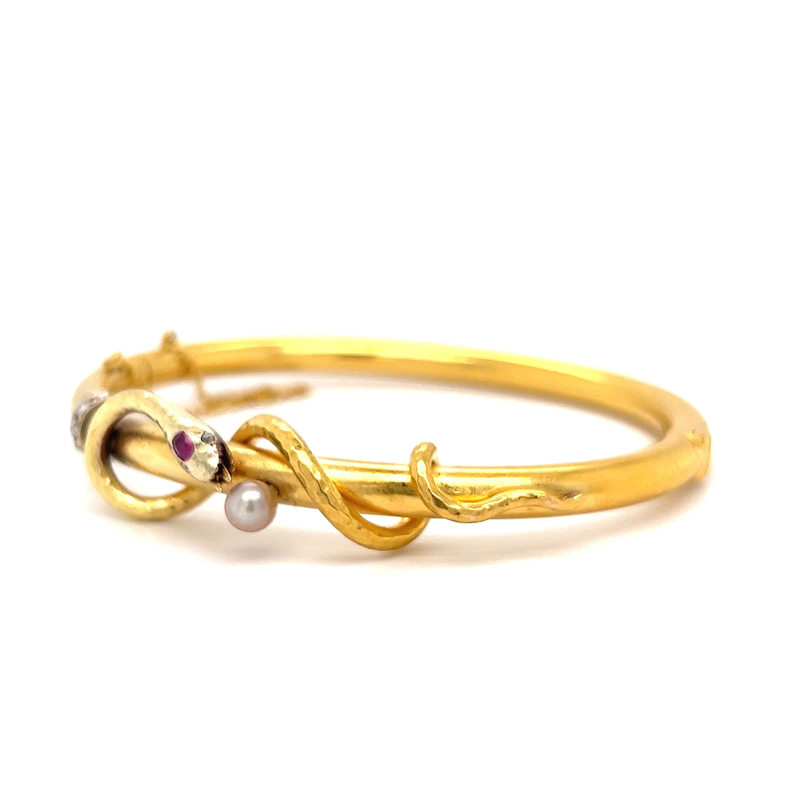 Victorian Snake Wrapped Bangle Bracelet with Diamonds in 14k Gold - Image 2