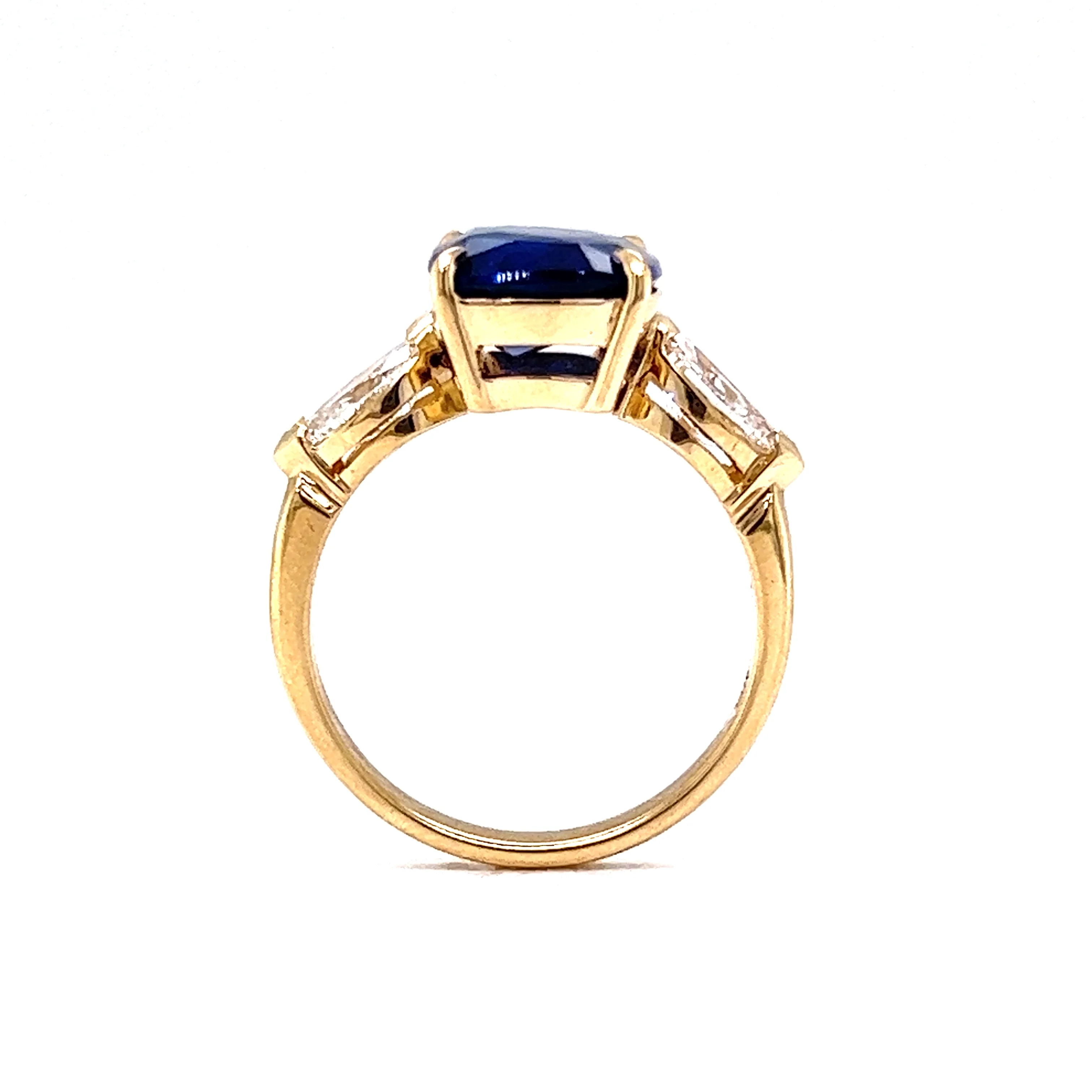 4.46 Blue Sapphire Cushion Three Stone Ring in 14k Yellow Gold - Image 4