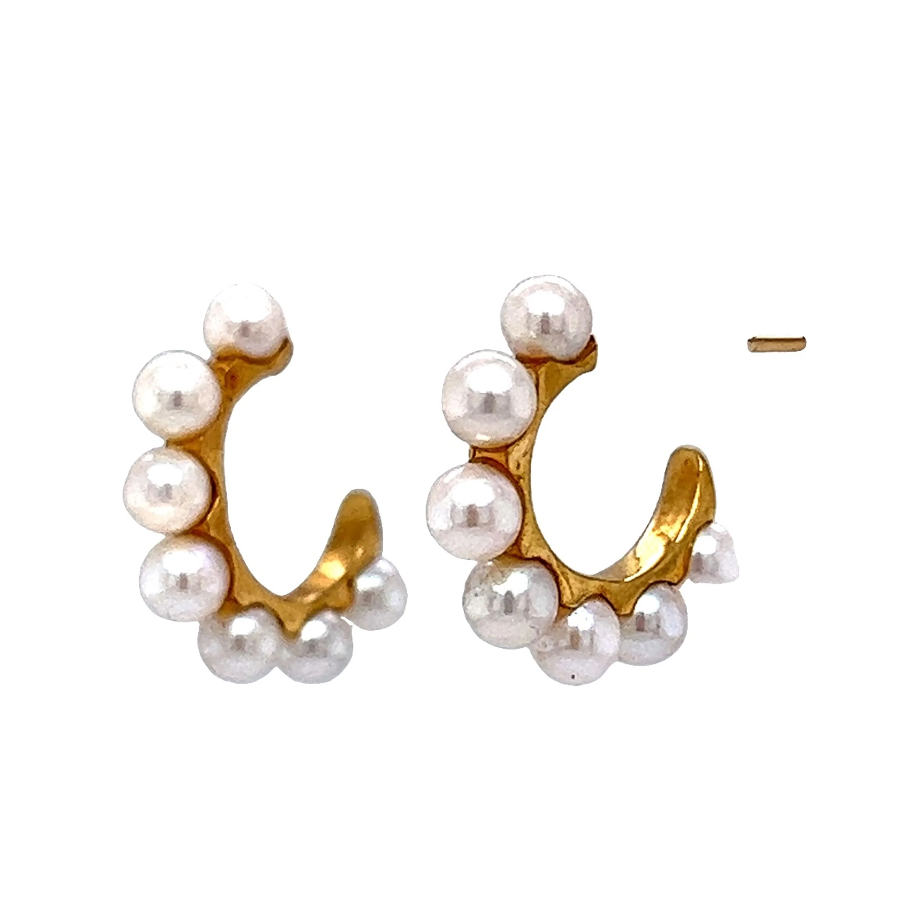 Pearl Hoop Huggie Earrings in 14k Yellow Gold - Image 2