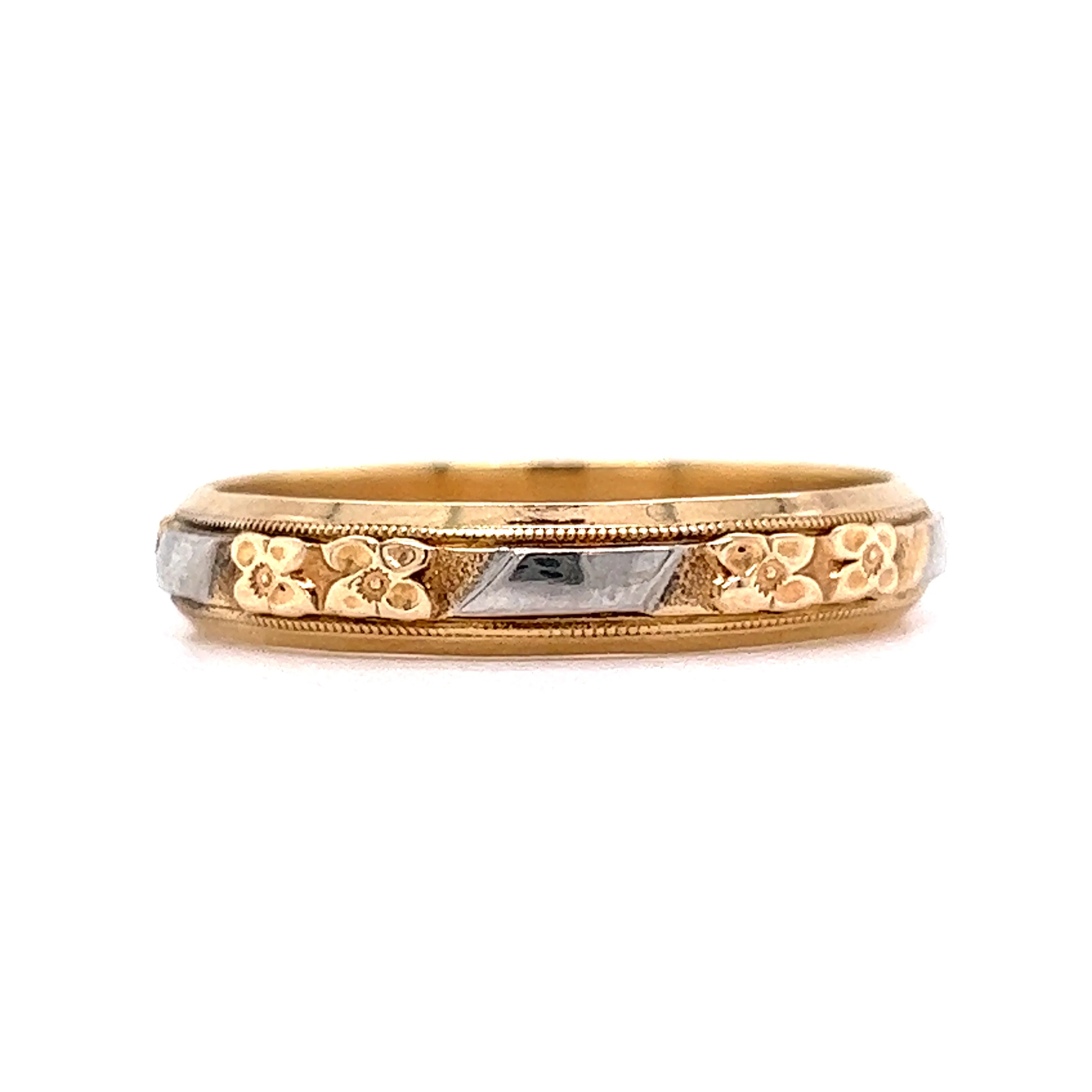 Engraved Two-Tone Yellow Gold Wedding Band with Milgrain - Image 2
