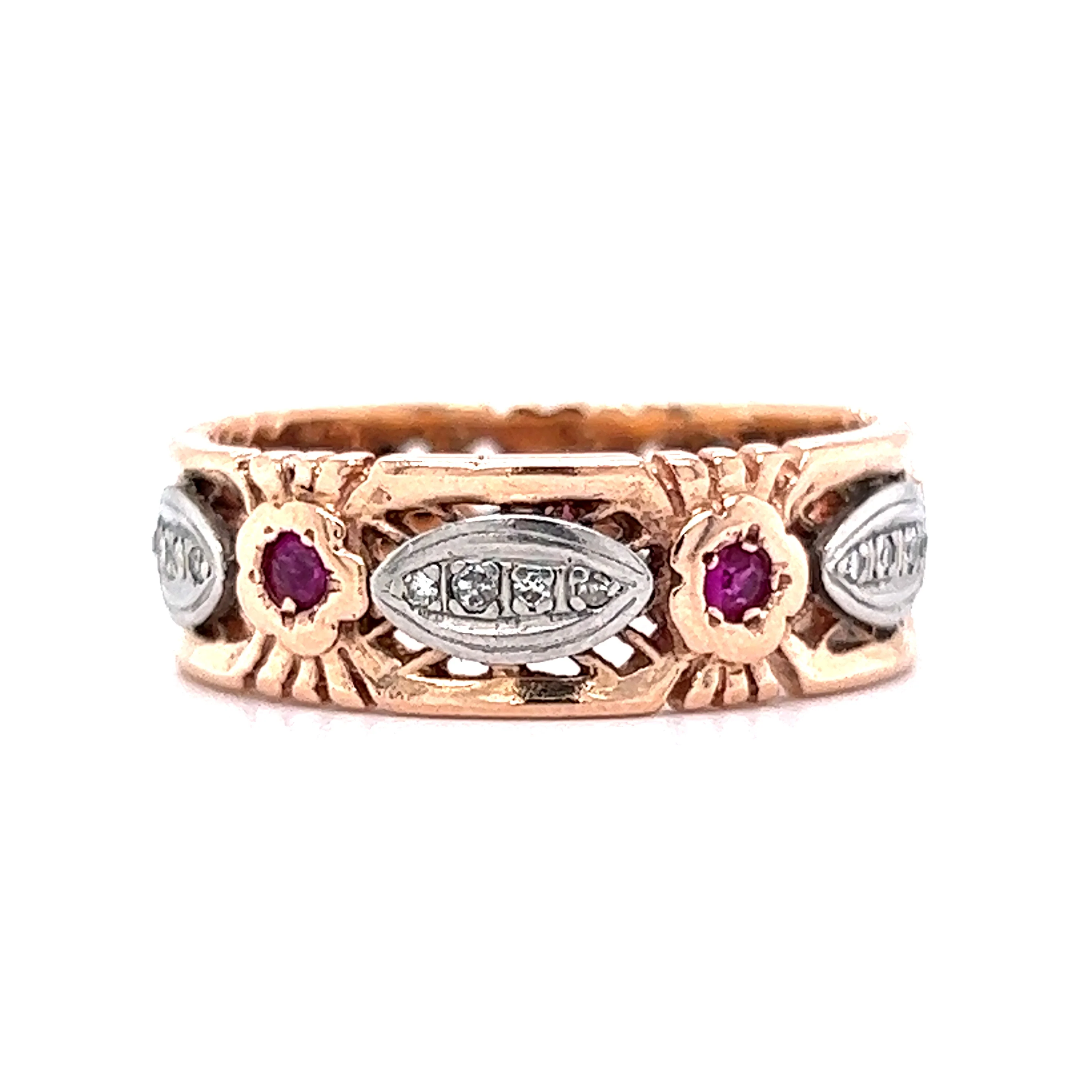 .30 Vintage Men's Wedding Band w/ Rubies & Diamonds in 14k Rose Gold - Image 3