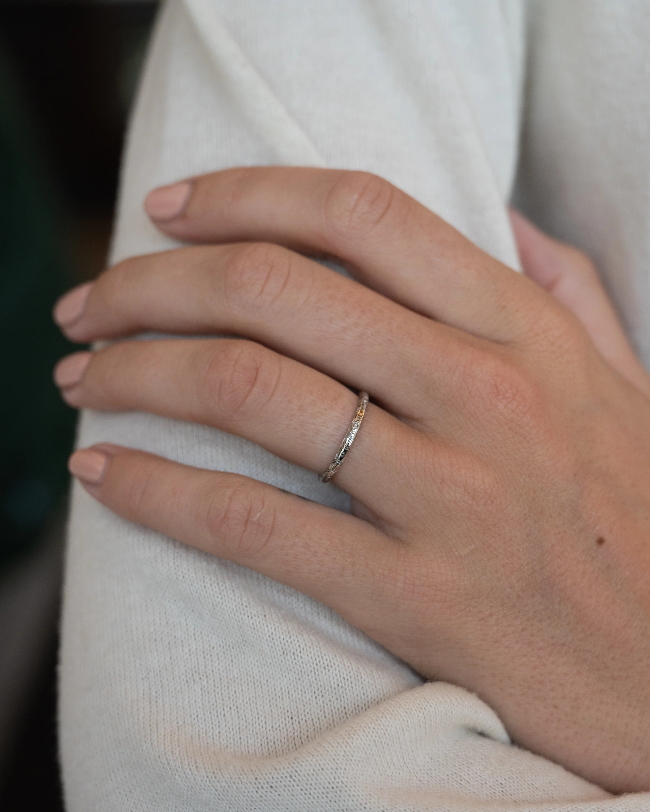 Antique Art Deco Engraved Wedding Band 18k White Gold - Image 7