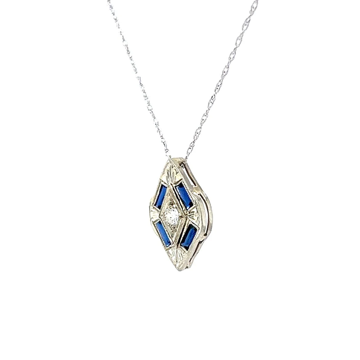 Art Deco Diamond & Synthetic Sapphire Pendant Necklace in 14k & 18k - Image 2