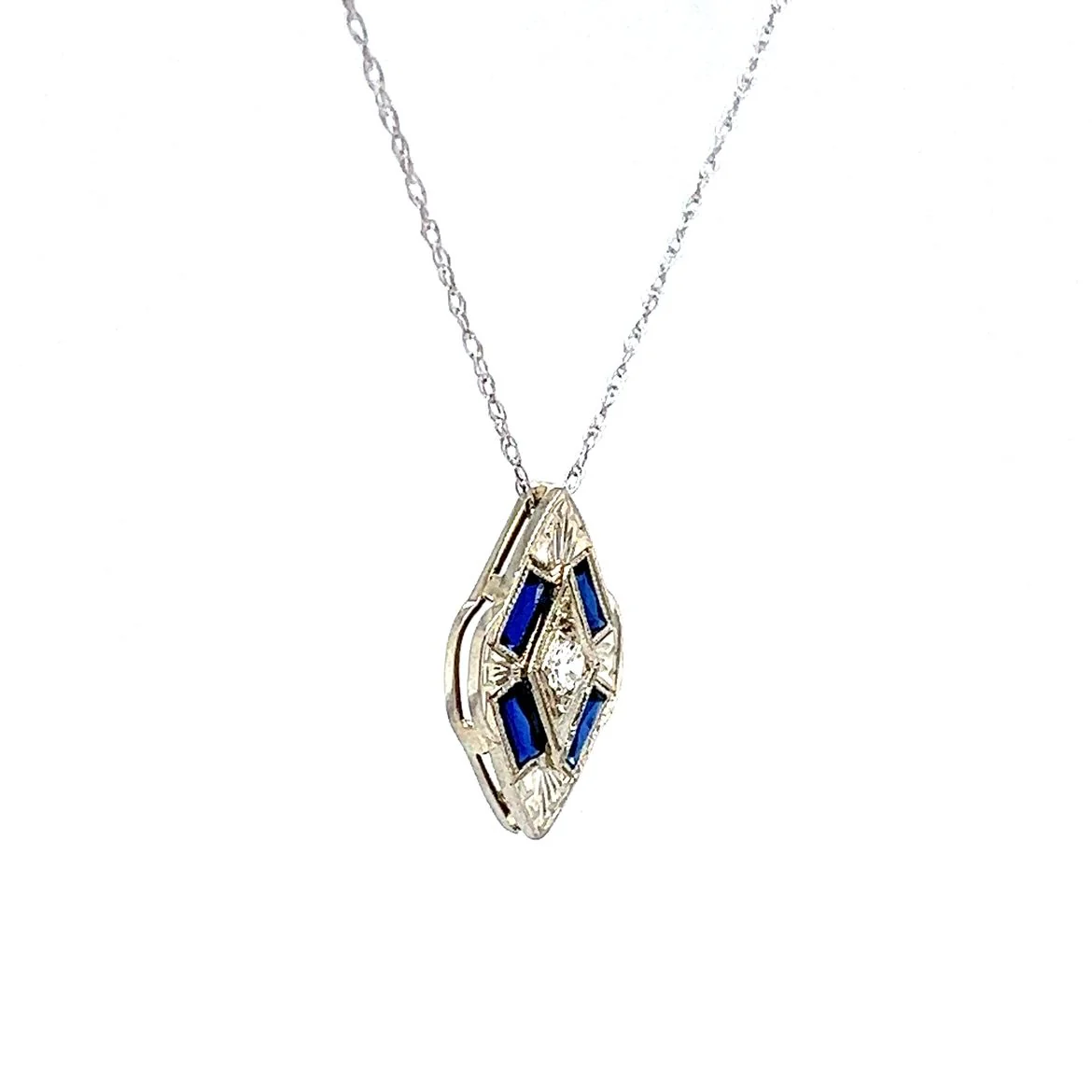 Art Deco Diamond & Synthetic Sapphire Pendant Necklace in 14k & 18k - Image 3