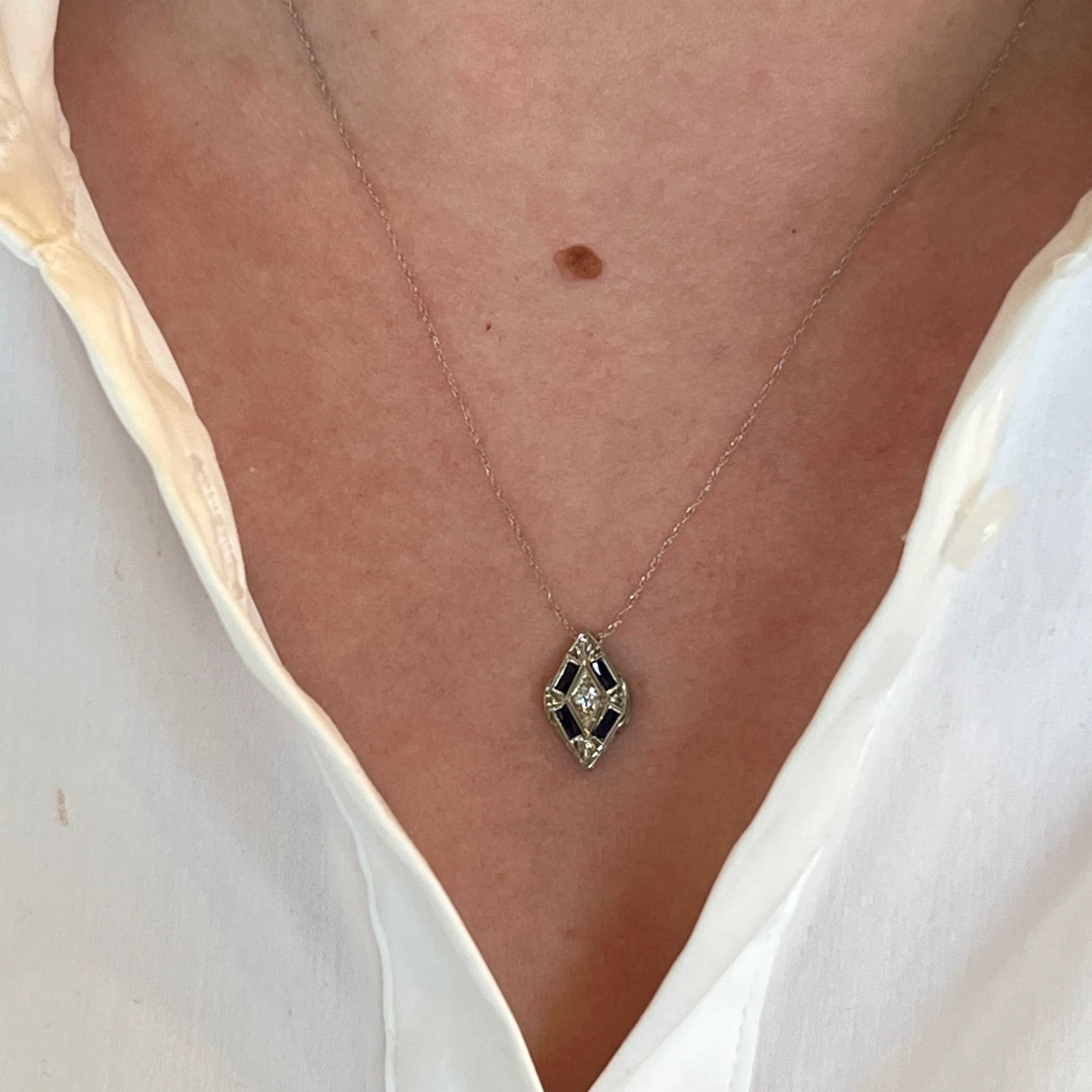 Art Deco Diamond & Synthetic Sapphire Pendant Necklace in 14k & 18k - Image 4