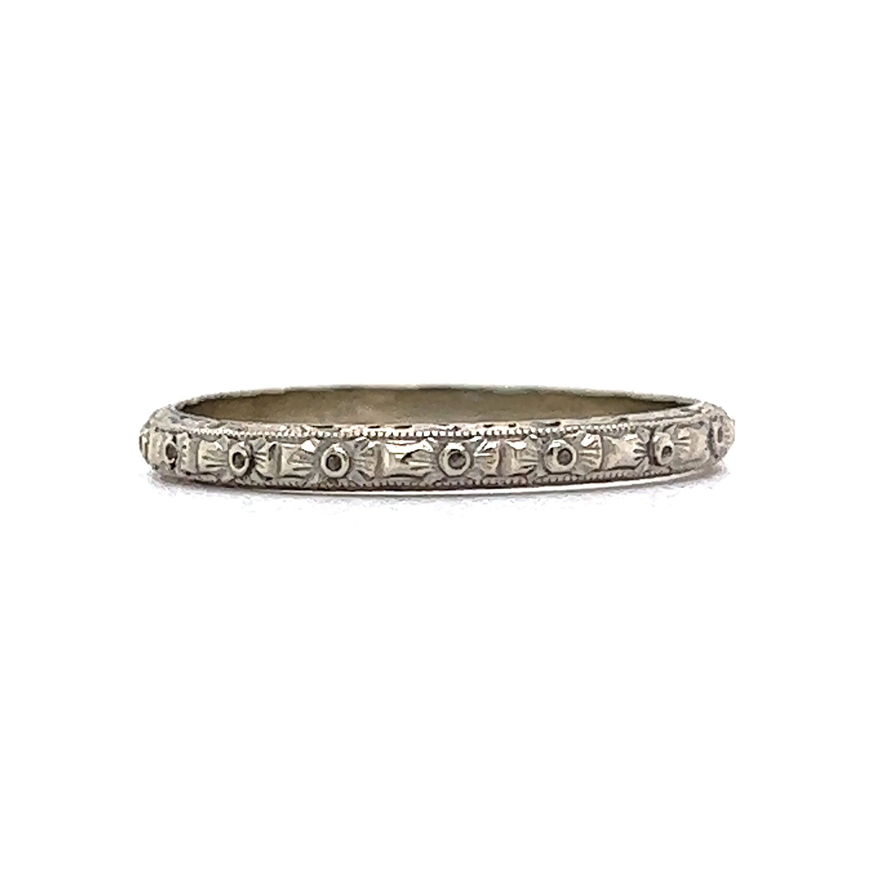 Vintage Art Deco Wedding Band Engraved Orange Blossom in 18k White Gold - Image 2