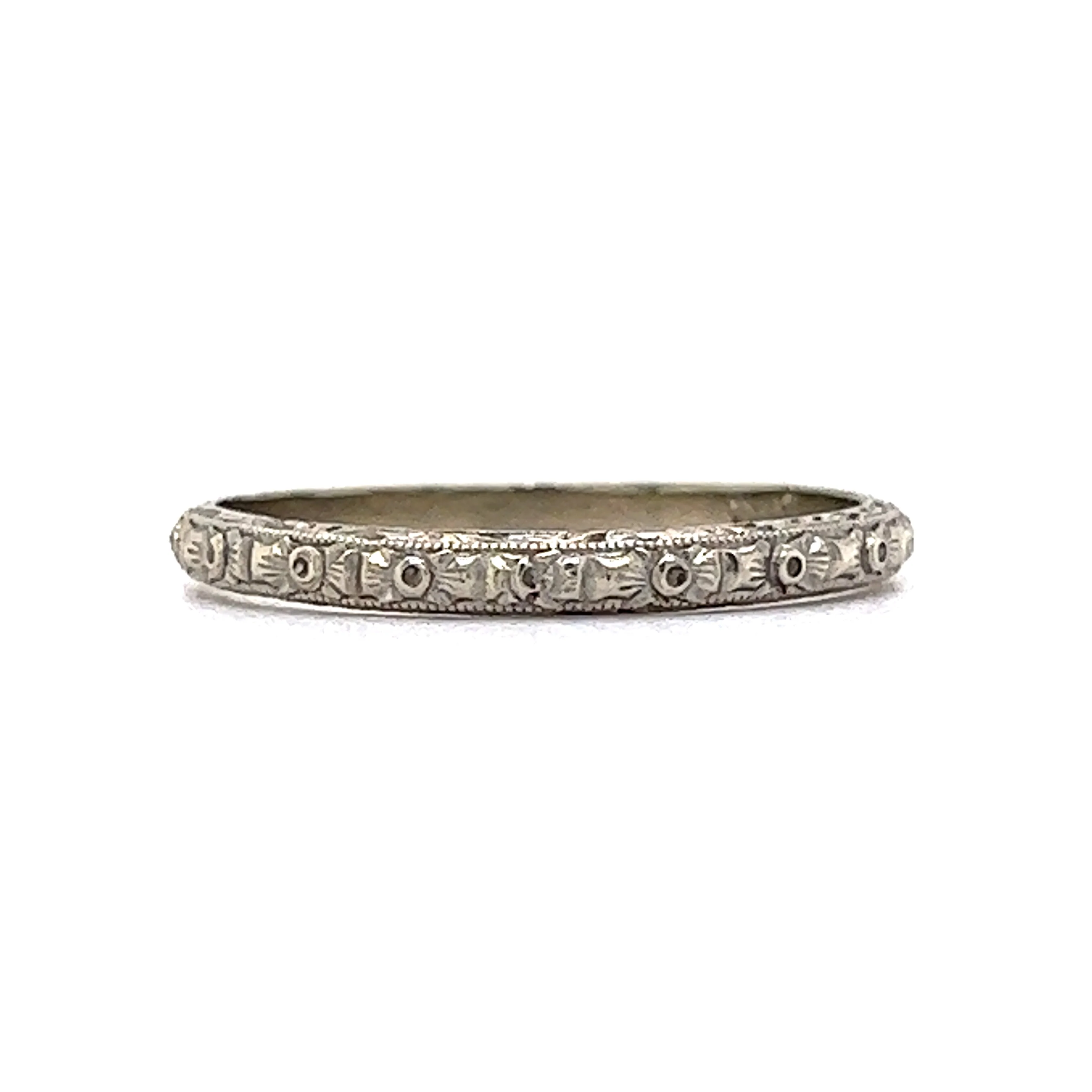 Vintage Art Deco Wedding Band Engraved Orange Blossom in 18k White Gold - Image 3