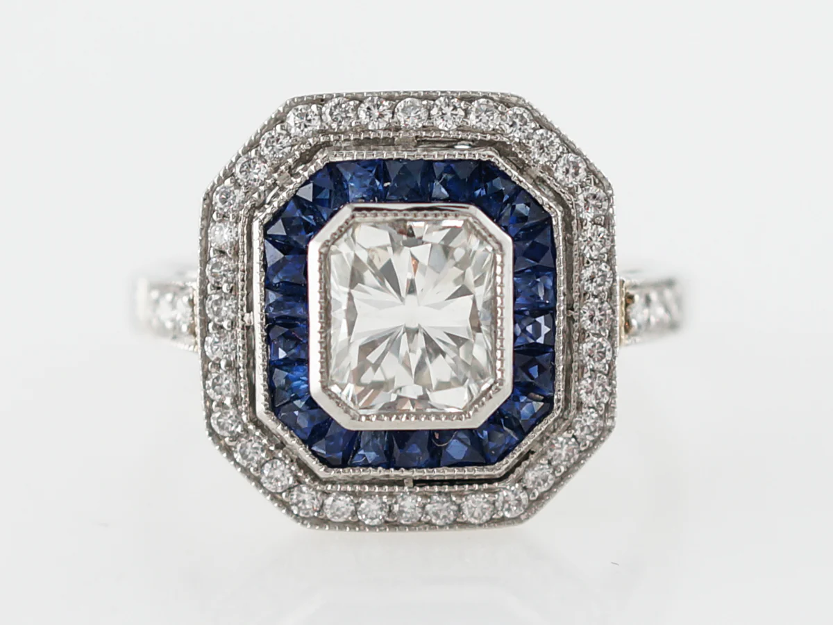 Radiant Cut Diamond & Sapphire Halo Engagement Ring