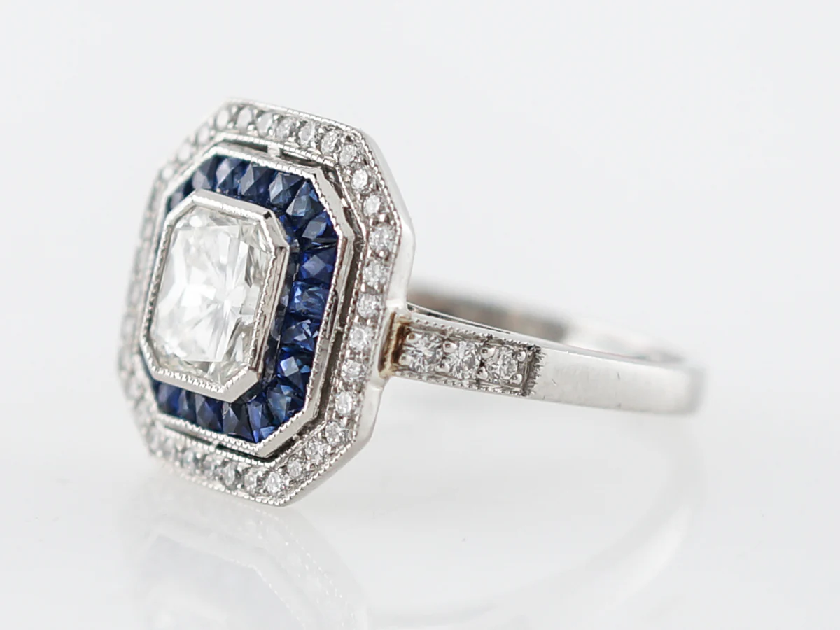 Radiant Cut Diamond & Sapphire Halo Engagement Ring - Image 2