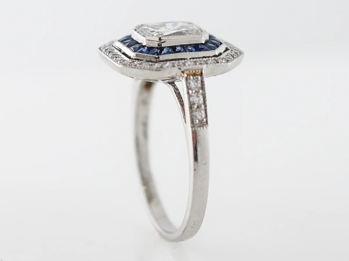Radiant Cut Diamond & Sapphire Halo Engagement Ring - Image 5