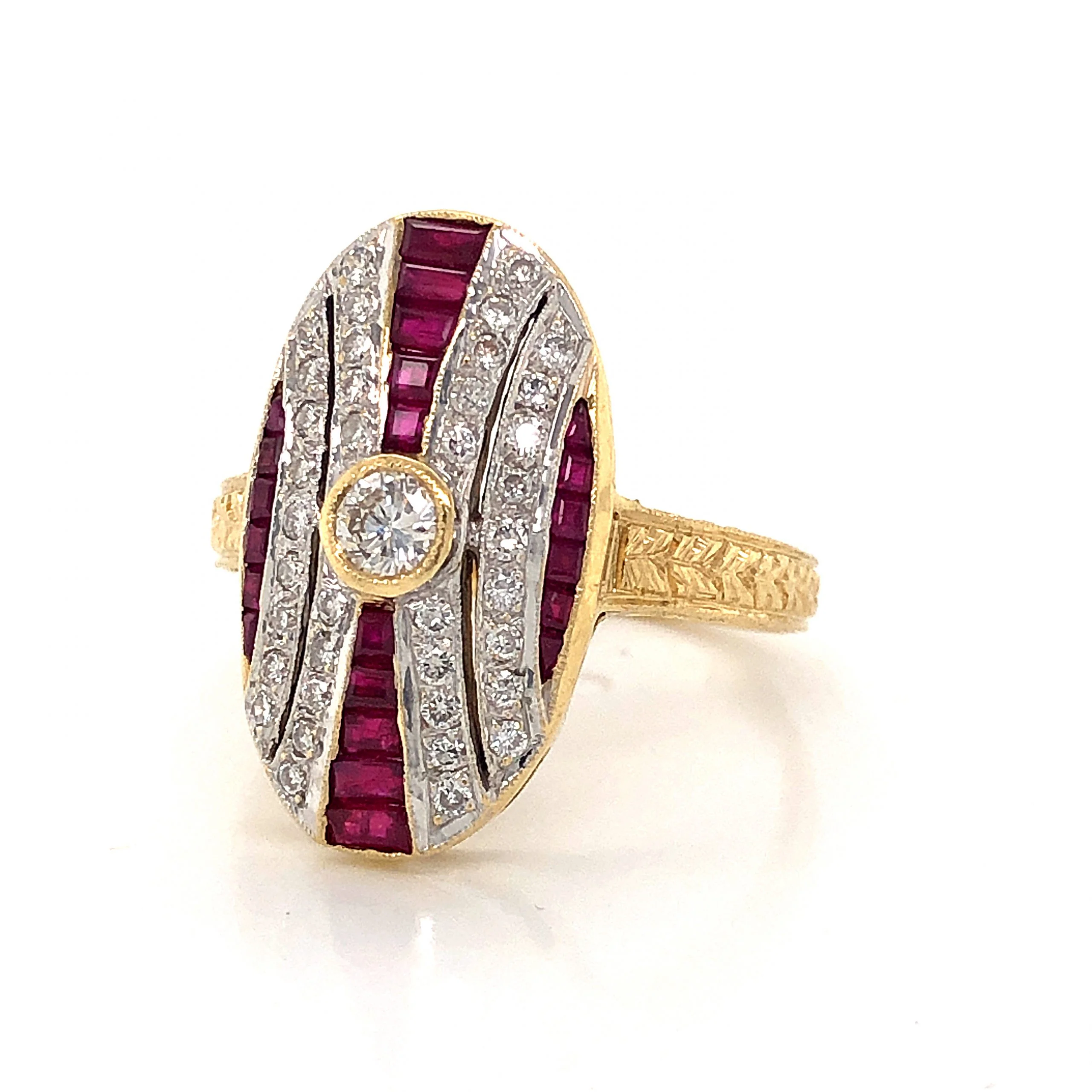 Retro Diamond & Ruby Cocktail Ring in 18k Yellow & White Gold - Image 2