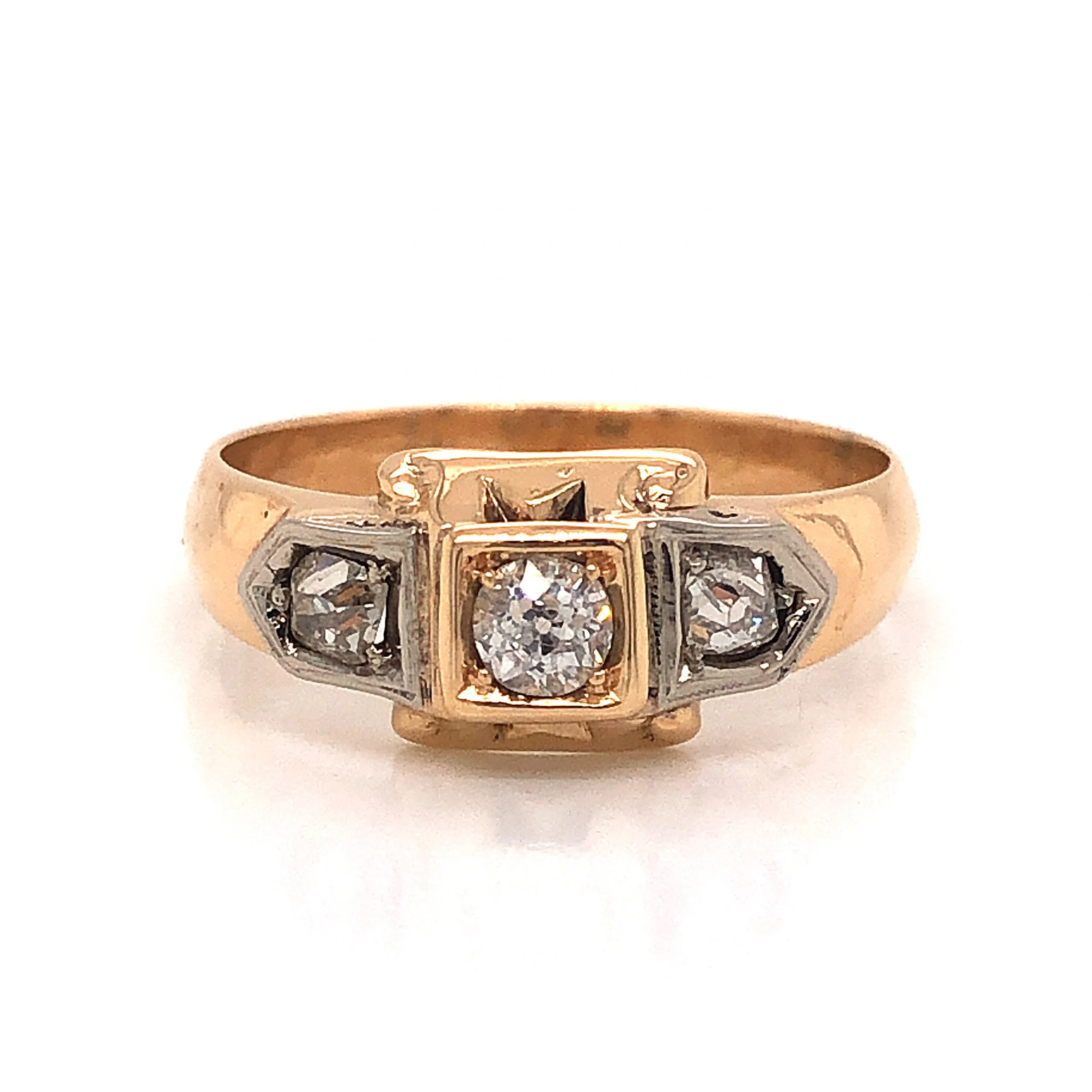 Retro Three Stone Diamond Engagement Ring 14k Gold
