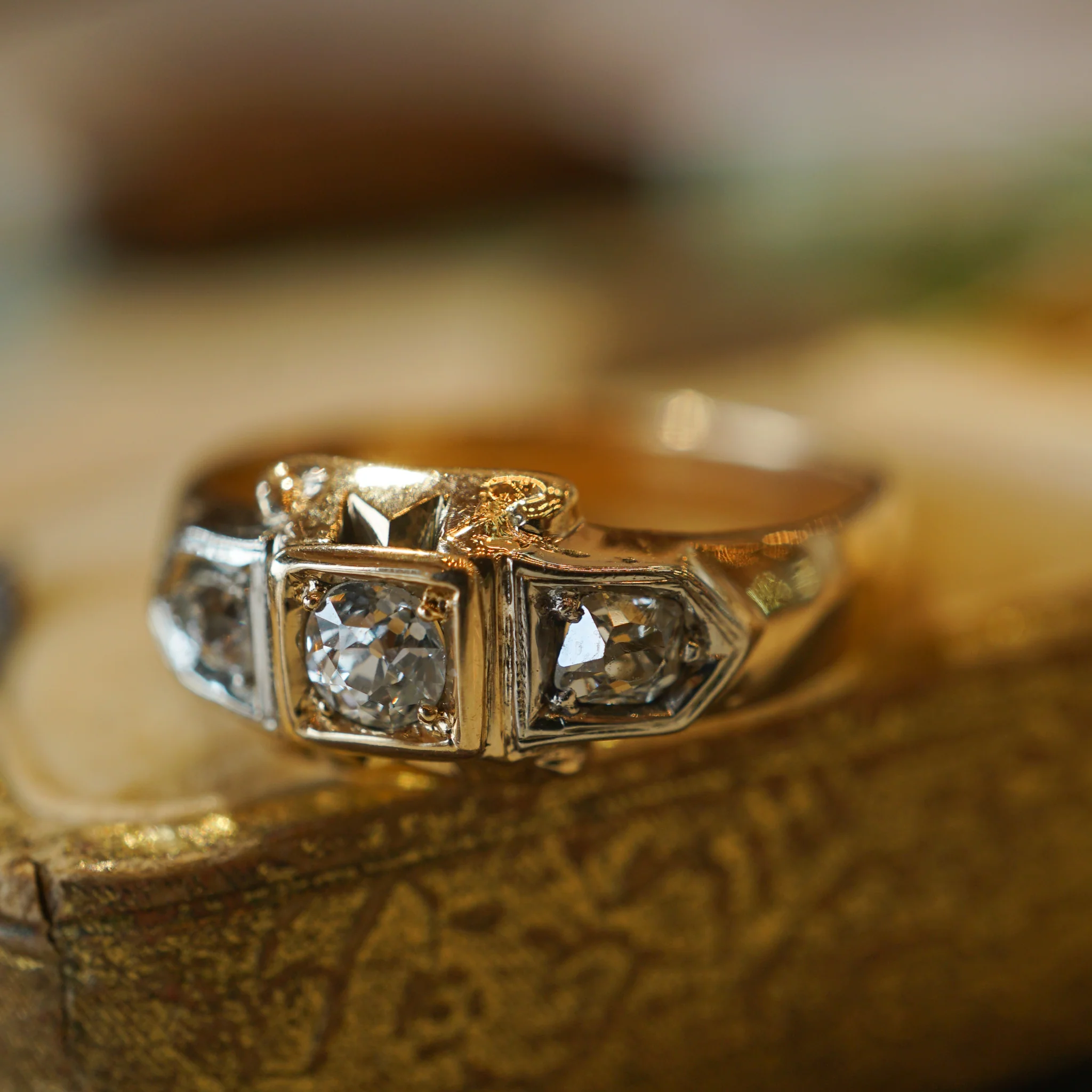 Retro Three Stone Diamond Engagement Ring 14k Gold - Image 6