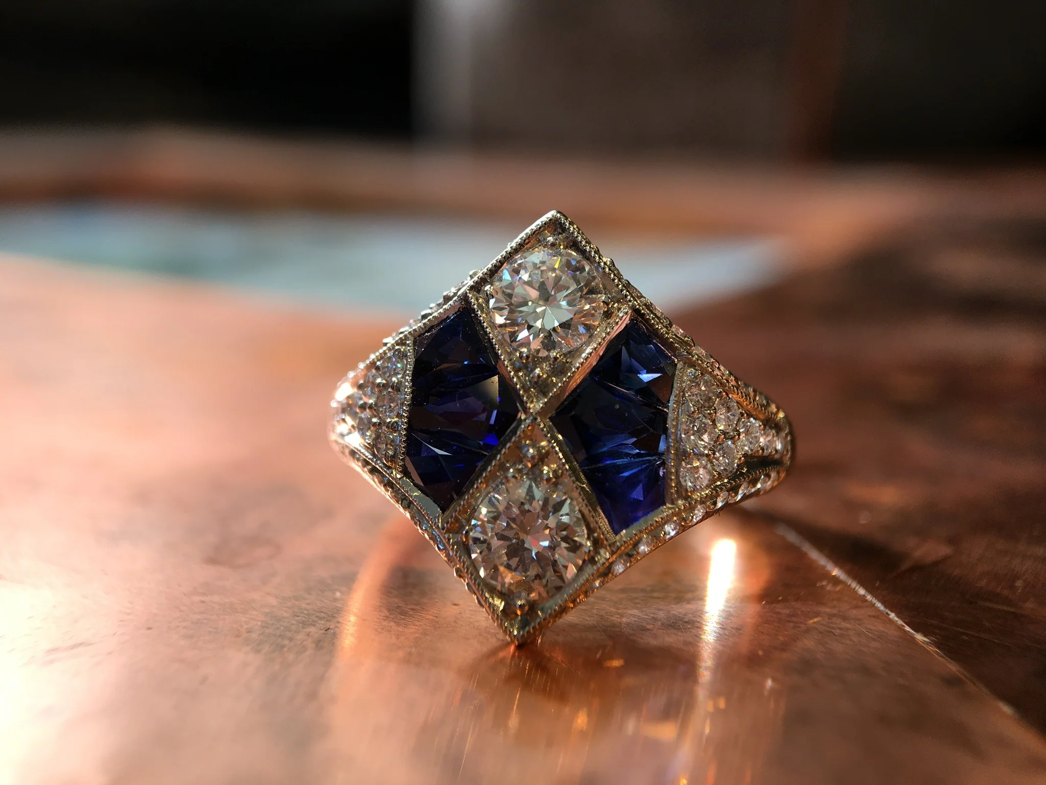 Right Hand Ring Modern 1.03 Round Brilliant Cut Diamonds & 2.86 French Cut Sapphire in Platinum