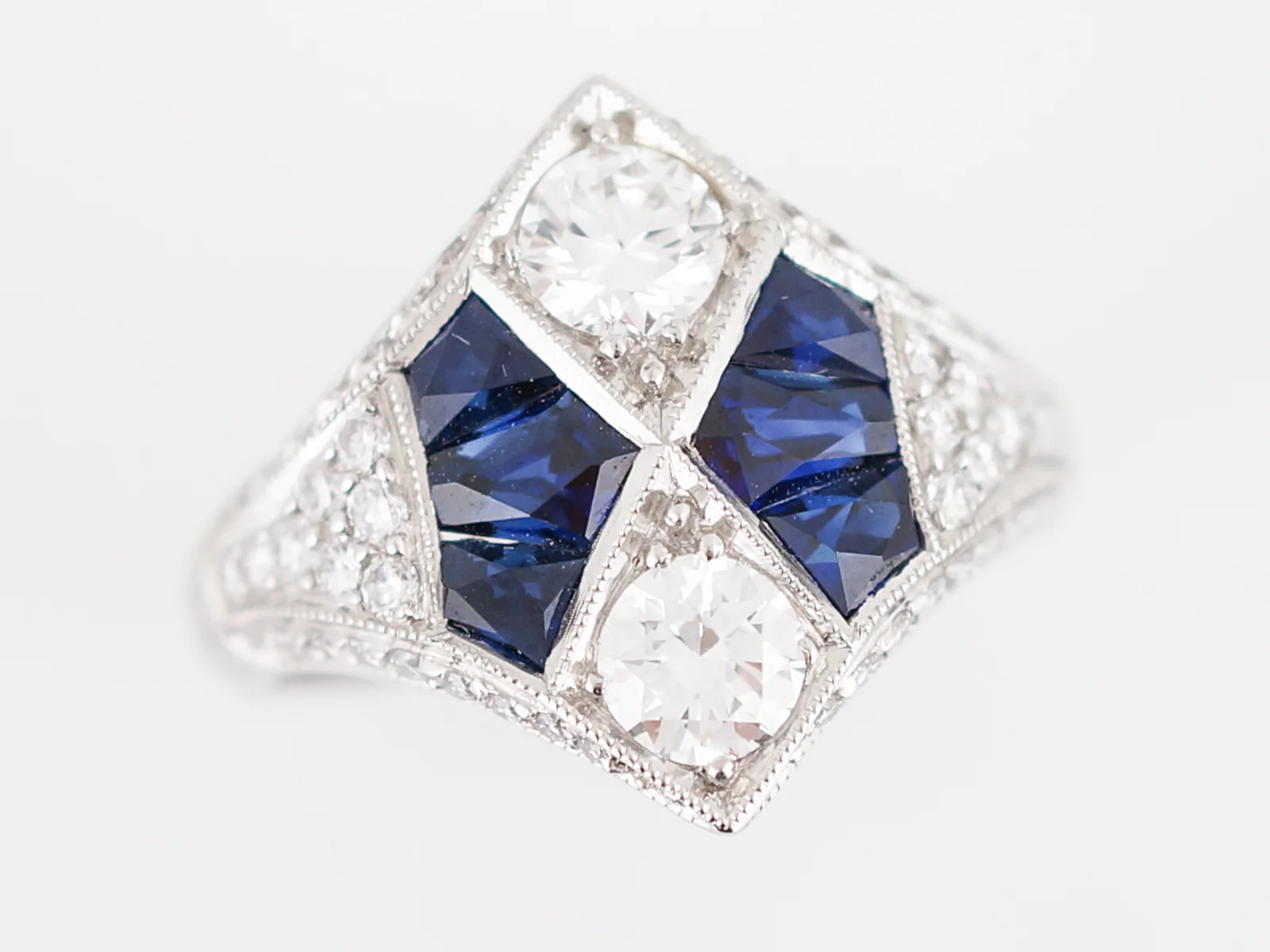 Right Hand Ring Modern 1.03 Round Brilliant Cut Diamonds & 2.86 French Cut Sapphire in Platinum - Image 5