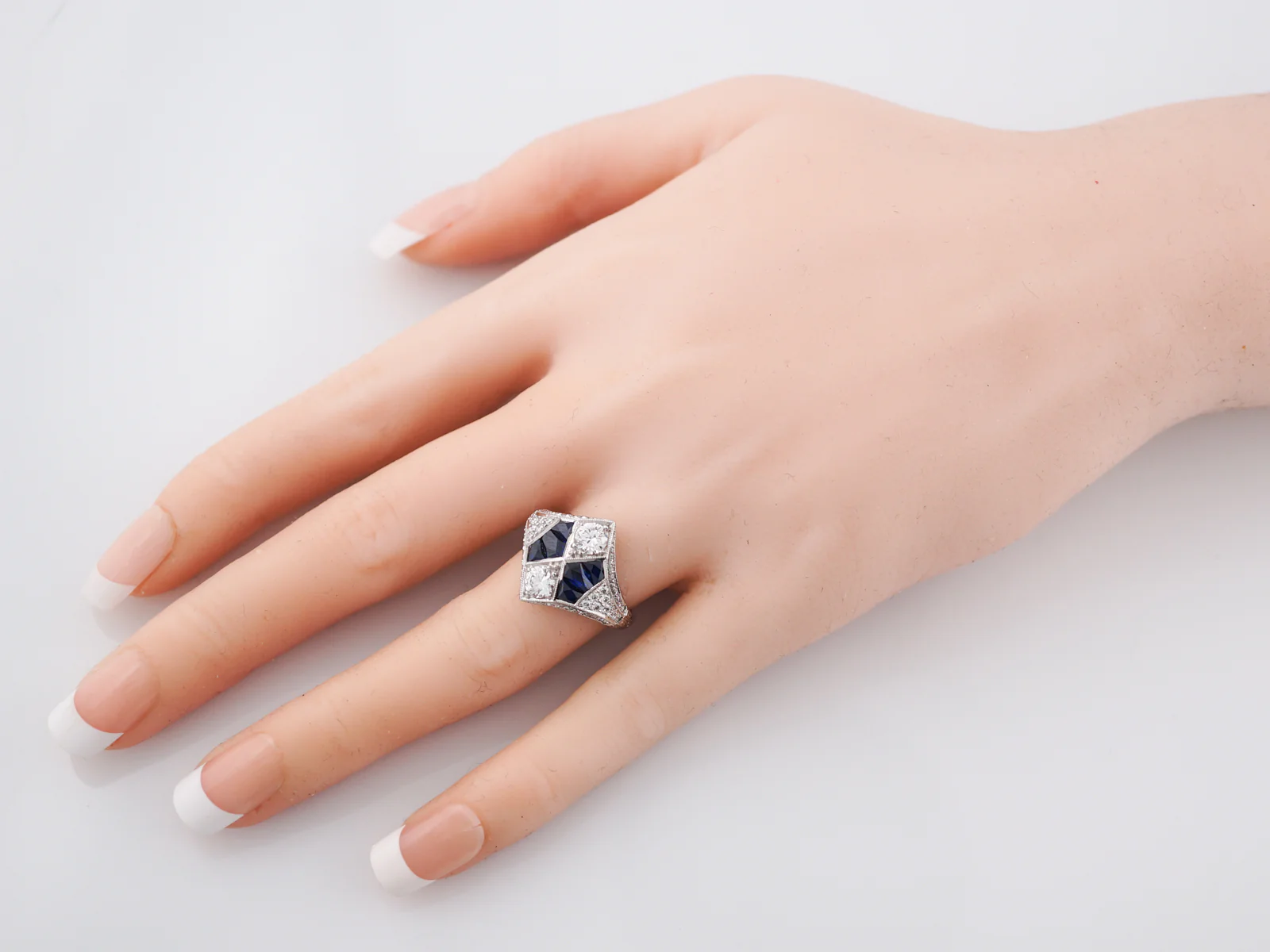 Right Hand Ring Modern 1.03 Round Brilliant Cut Diamonds & 2.86 French Cut Sapphire in Platinum - Image 9