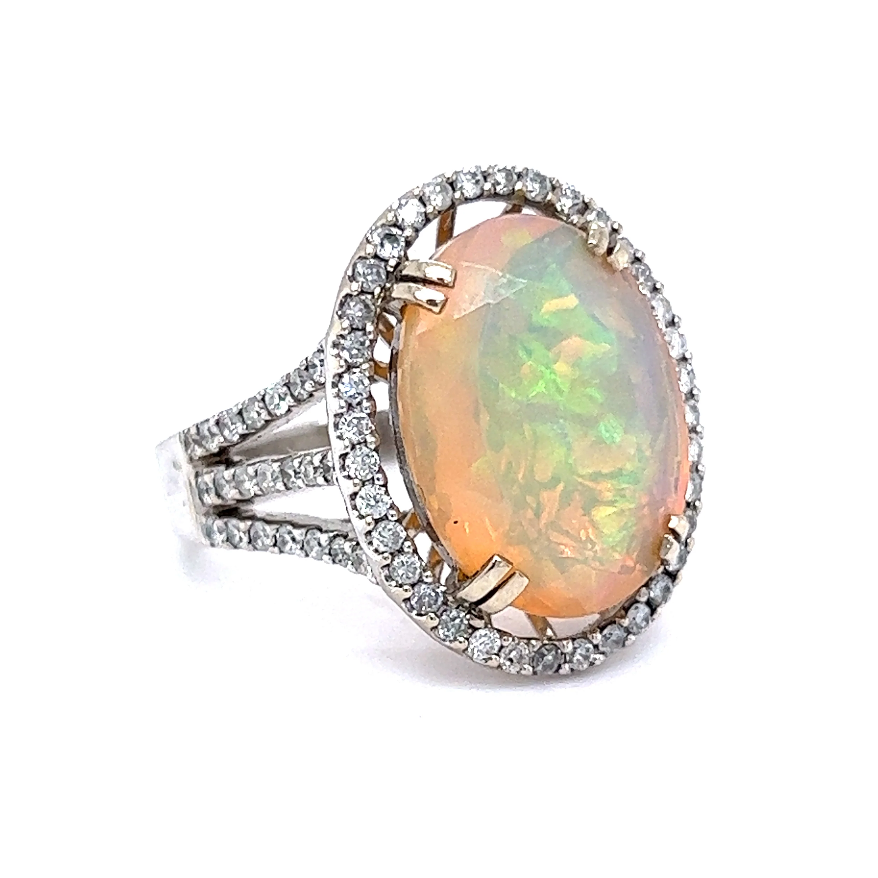 Right Hand Ring Modern 5.57 Oval Cut Opal & 1.17 Round Brilliant Cut Diamonds in 14k White Gold - Image 3