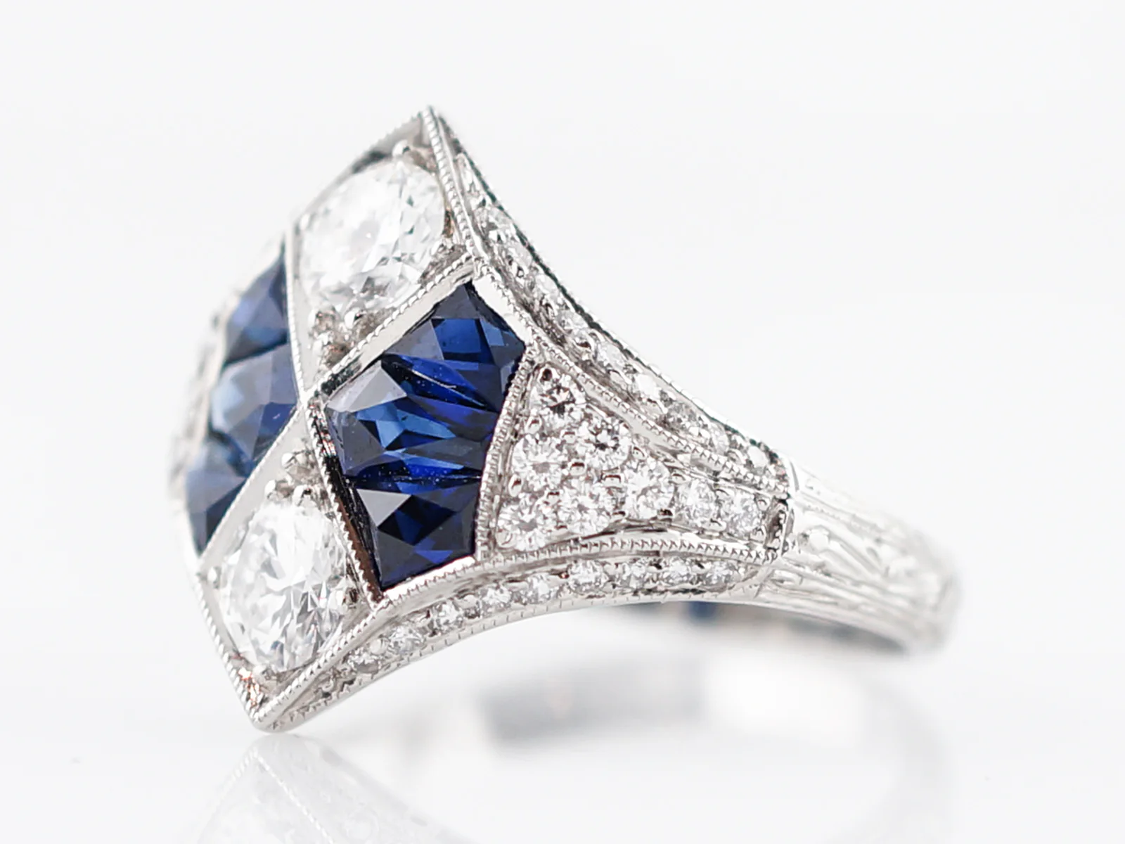 Right Hand Ring Modern 1.03 Round Brilliant Cut Diamonds & 2.86 French Cut Sapphire in Platinum - Image 2