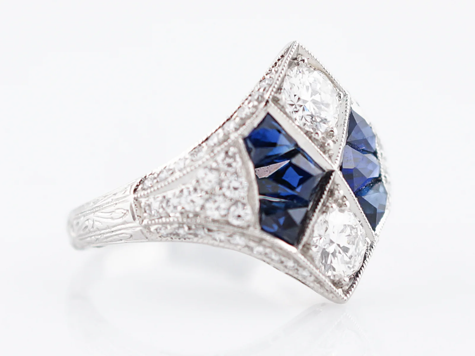 Right Hand Ring Modern 1.03 Round Brilliant Cut Diamonds & 2.86 French Cut Sapphire in Platinum - Image 3