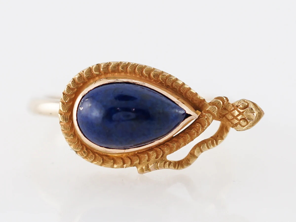 Right Hand Ring Victorian Cabochon Cut Lapis in 14k Yellow Gold