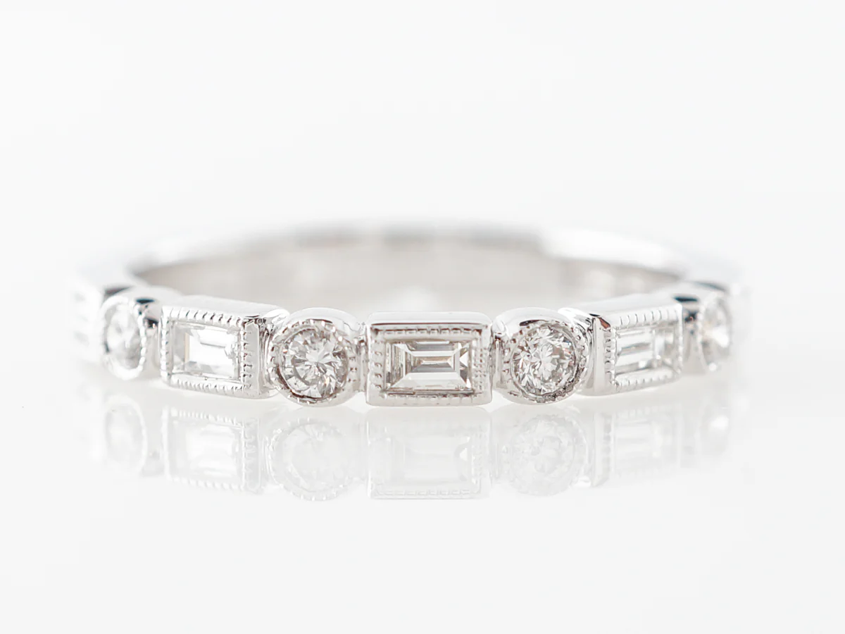 Round & Baguette Cut Diamond Wedding Band in 14k White Gold