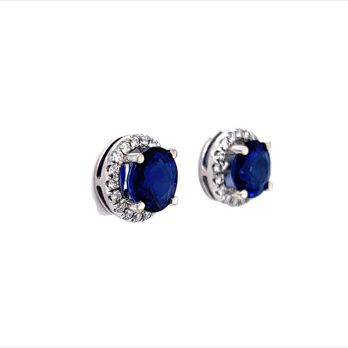 Round Cut Sapphire Stud Earrings with Diamond Halo in 14K White Gold - Image 3