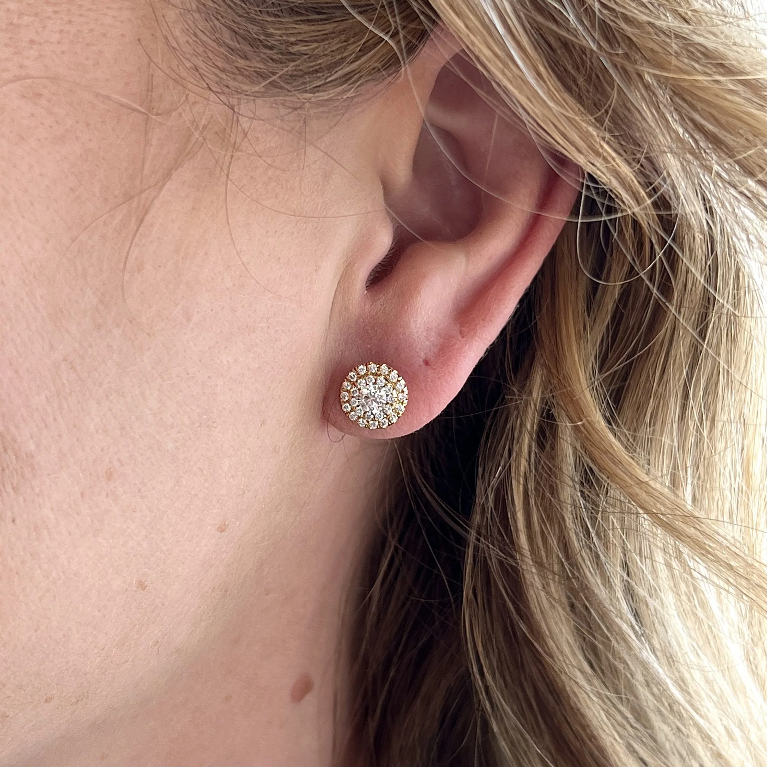 Round Pave Diamond Stud Earrings in 18k Yellow Gold - Image 4