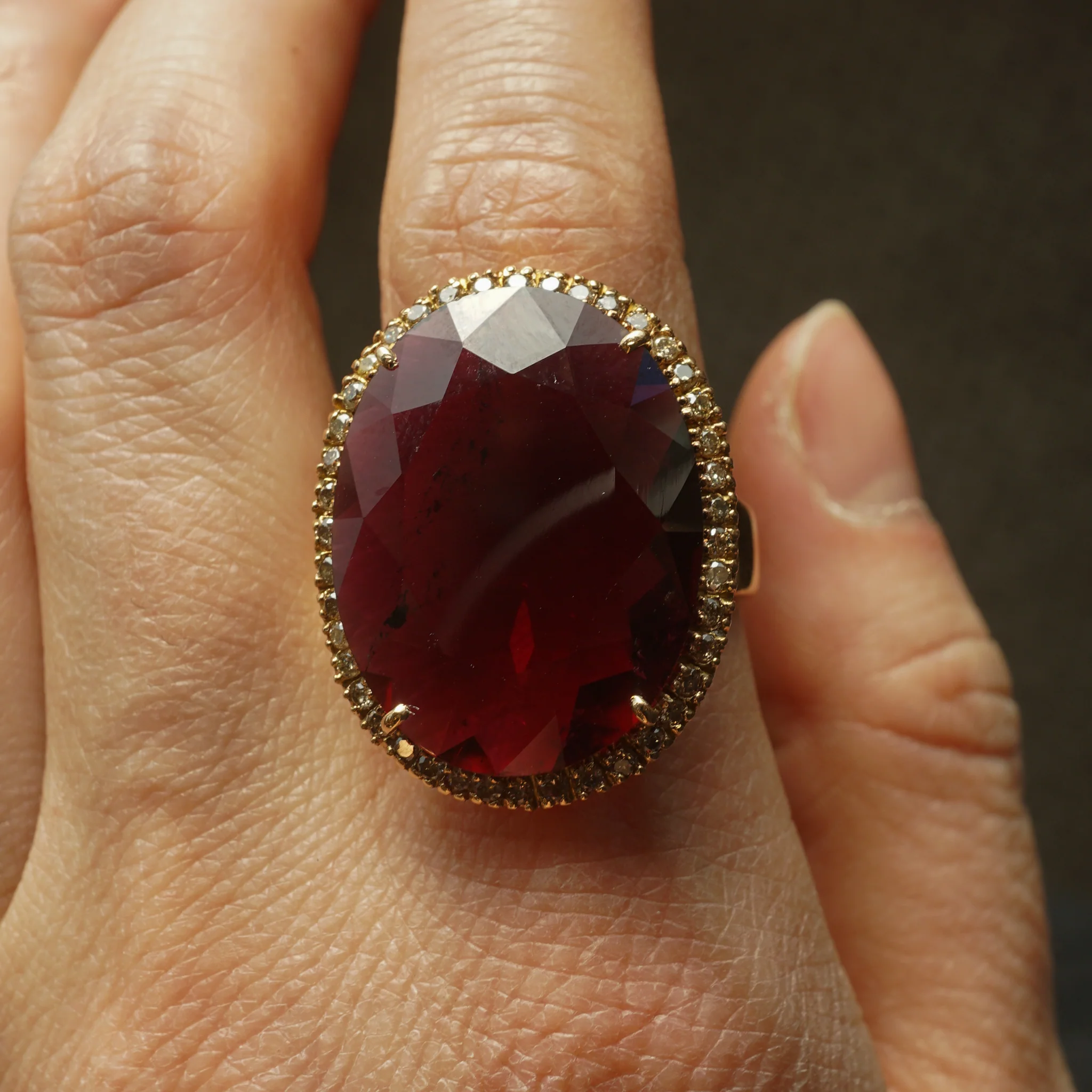 Rubellite & Diamond Cocktail Ring 18k Yellow Gold - Image 6