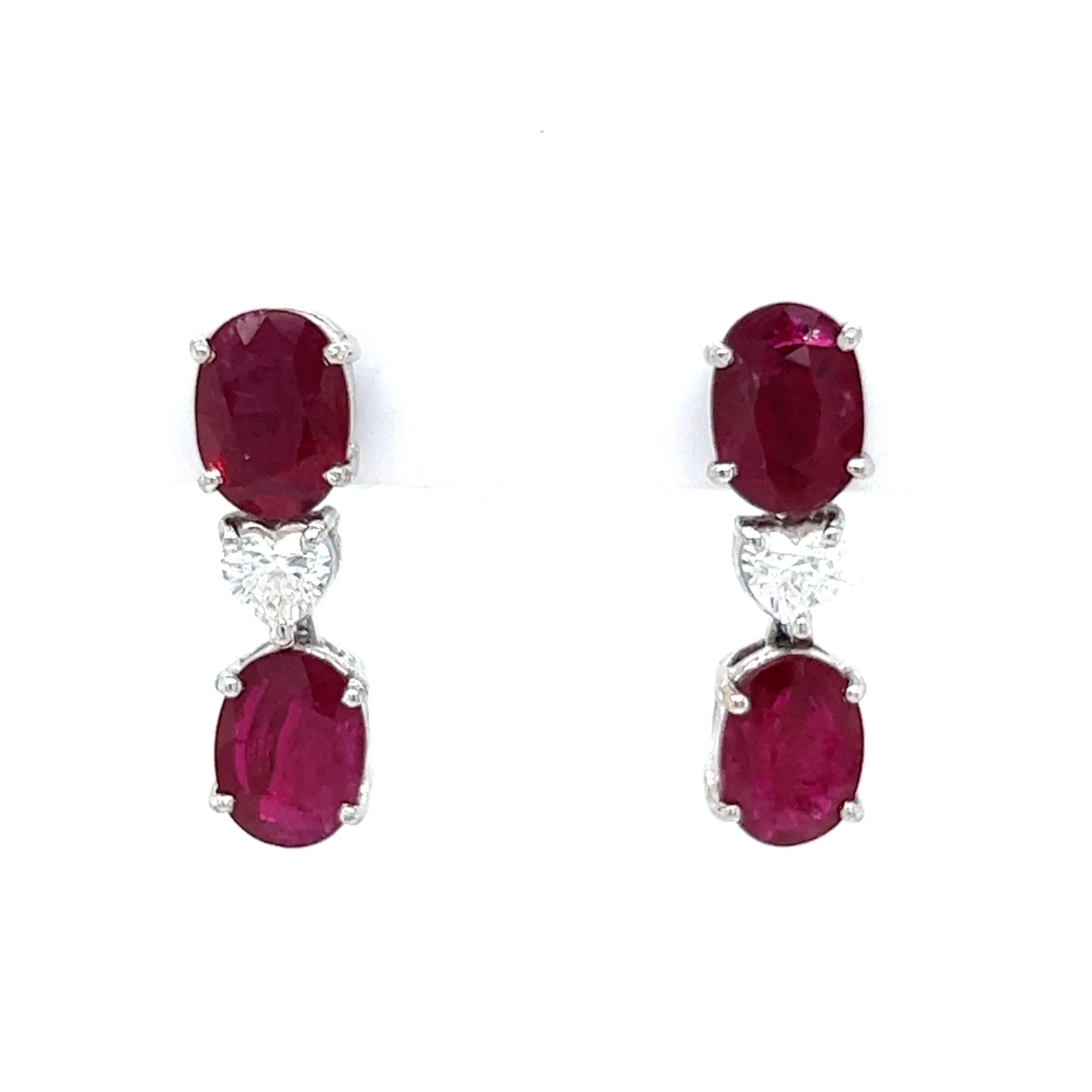 Ruby & Heart Cut Diamond Drop Earrings in 18k White Gold