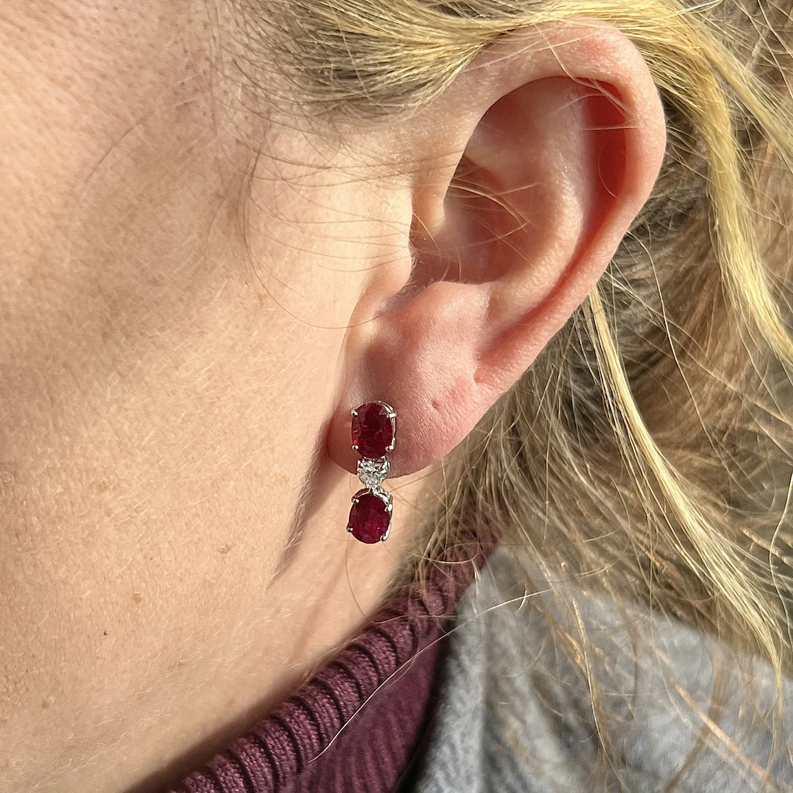 Ruby & Heart Cut Diamond Drop Earrings in 18k White Gold - Image 4