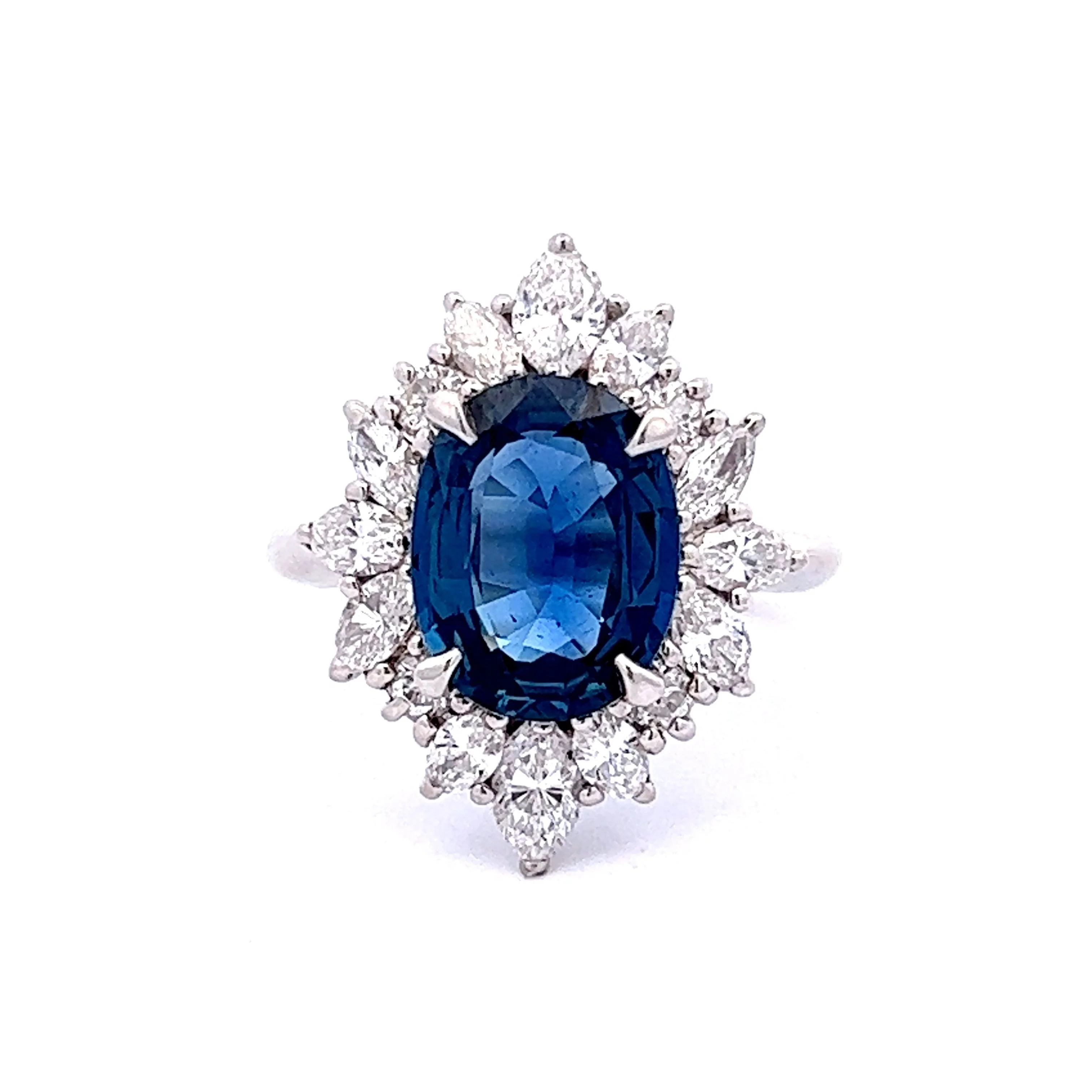 Sapphire & Marquise Cut Diamond Halo Ring in Platinum